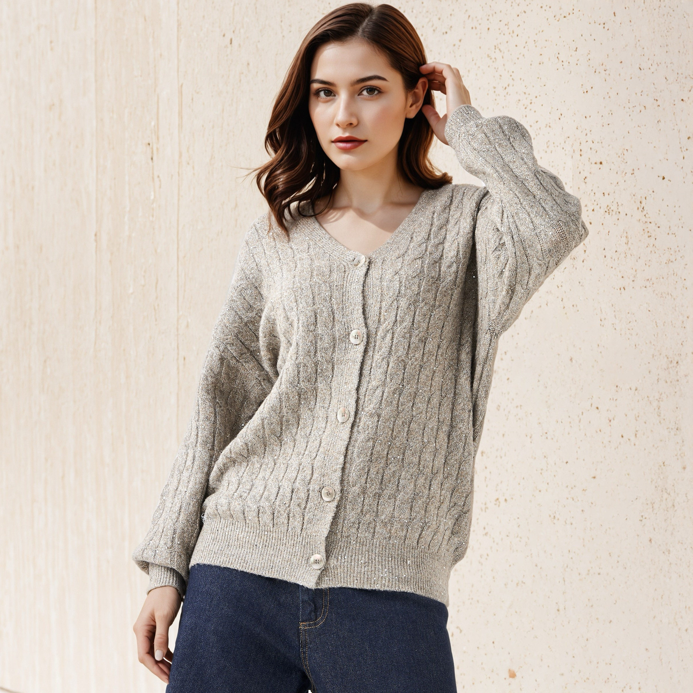 Cable Knit Sequinned V-neck Cardigan-women-winterwear-cardigansandjumpers-cardigans-image-1