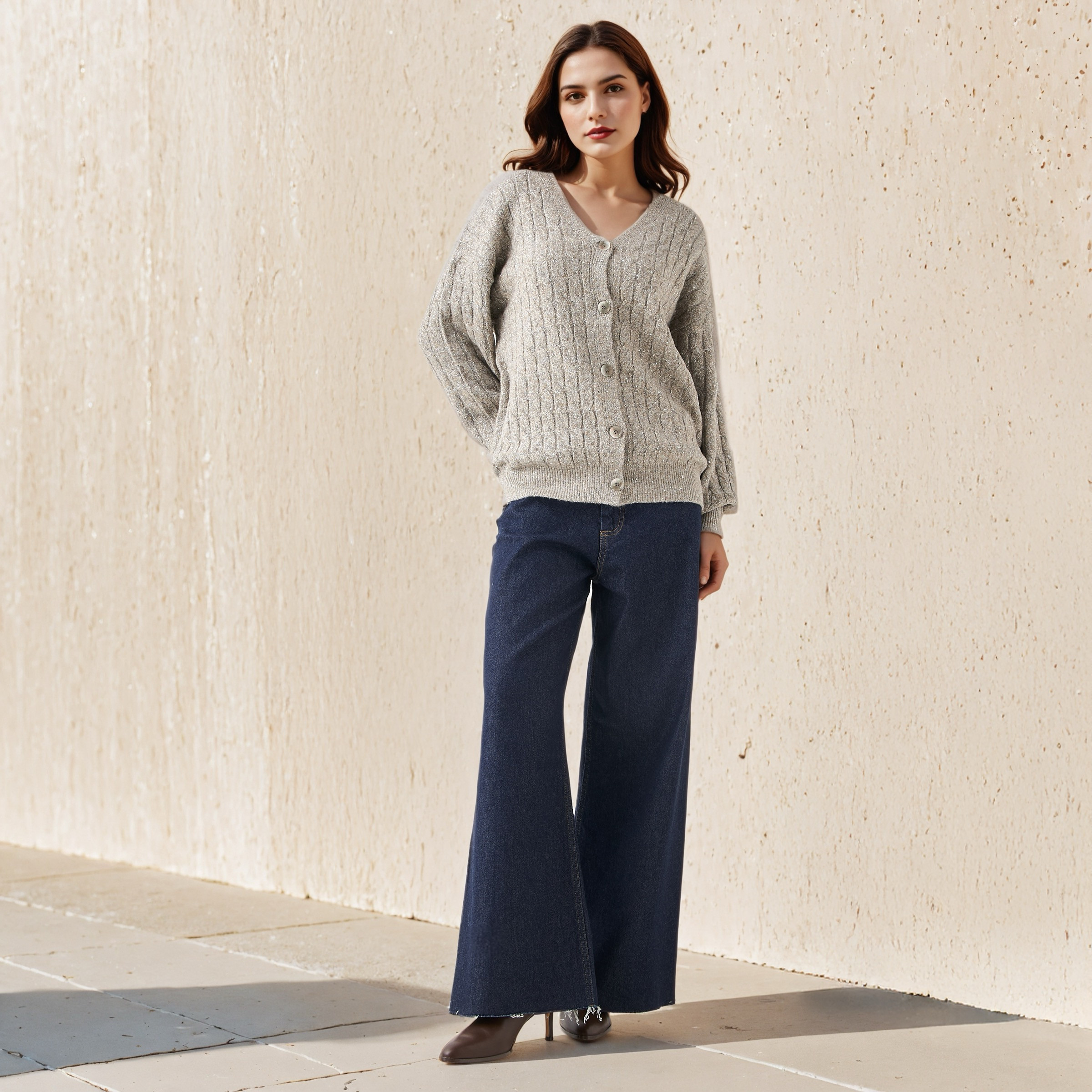 Cable Knit Sequinned V-neck Cardigan-women-winterwear-cardigansandjumpers-cardigans-image-2