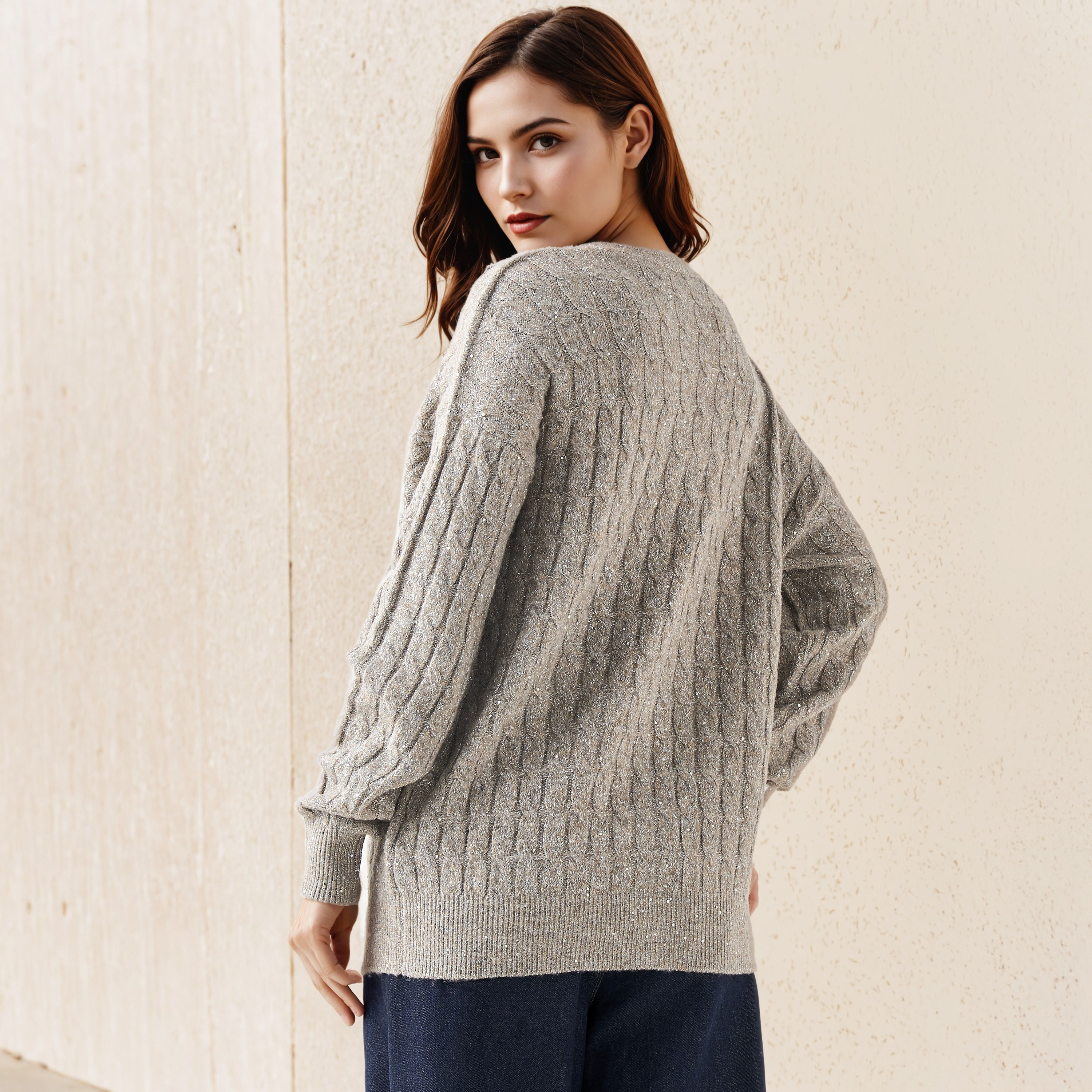 Cable Knit Sequinned V-neck Cardigan-women-winterwear-cardigansandjumpers-cardigans-image-4