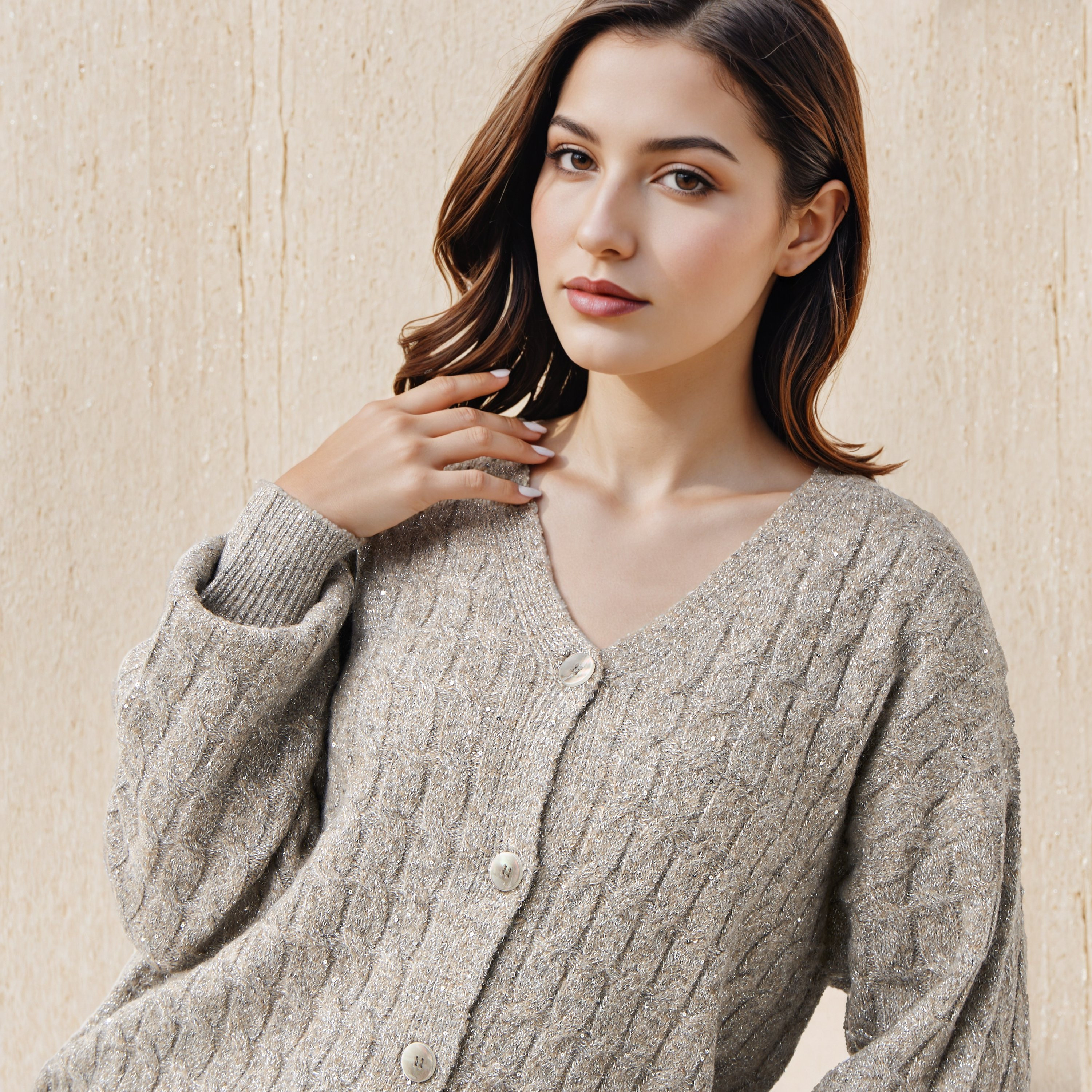 Cable Knit Sequinned V-neck Cardigan-women-winterwear-cardigansandjumpers-cardigans-image-5
