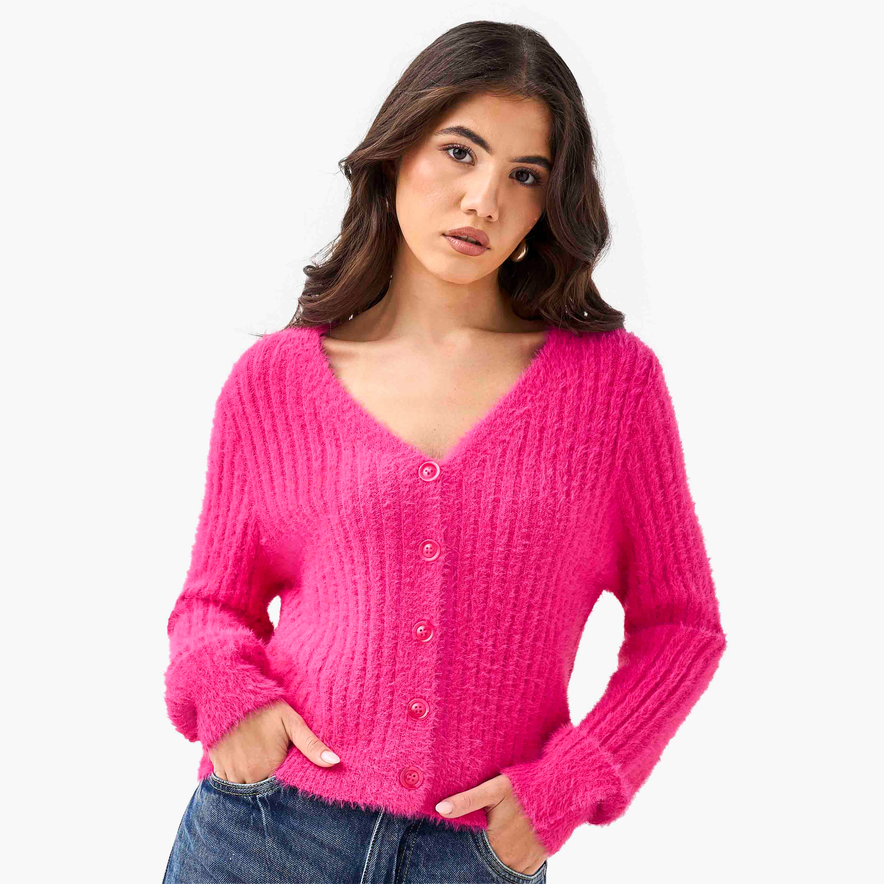 Regular Fit Textured V-neck Cardigan-women-winterwear-cardigansandjumpers-cardigans-image-16