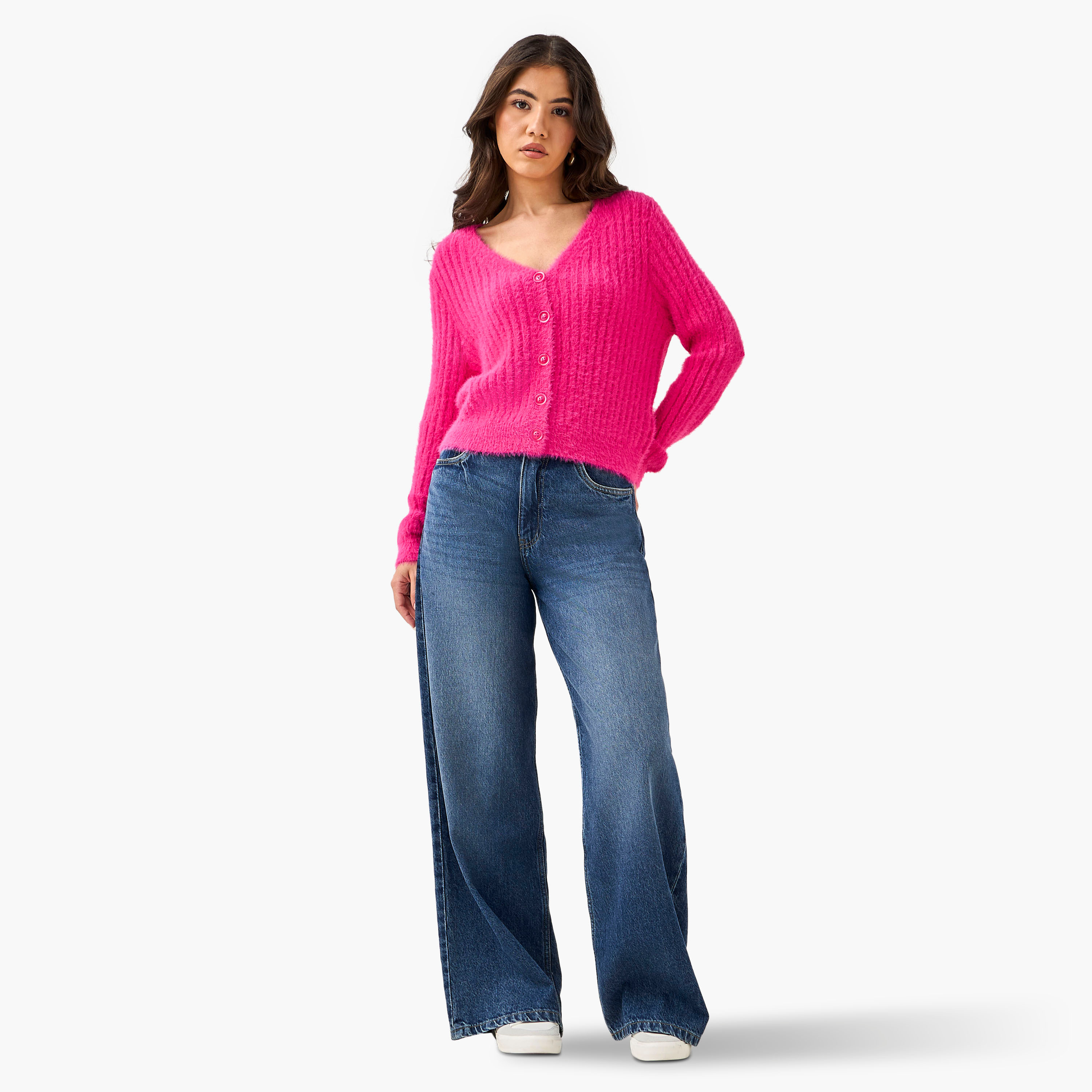 Regular Fit Textured V-neck Cardigan-women-winterwear-cardigansandjumpers-cardigans-image-2