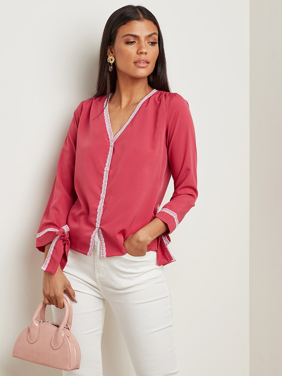 Styli Lace Trim Detail V Neck Blouse with Tie-Cuff Sleeves-women-clothing-shirtsandblouses-blouses-image-1