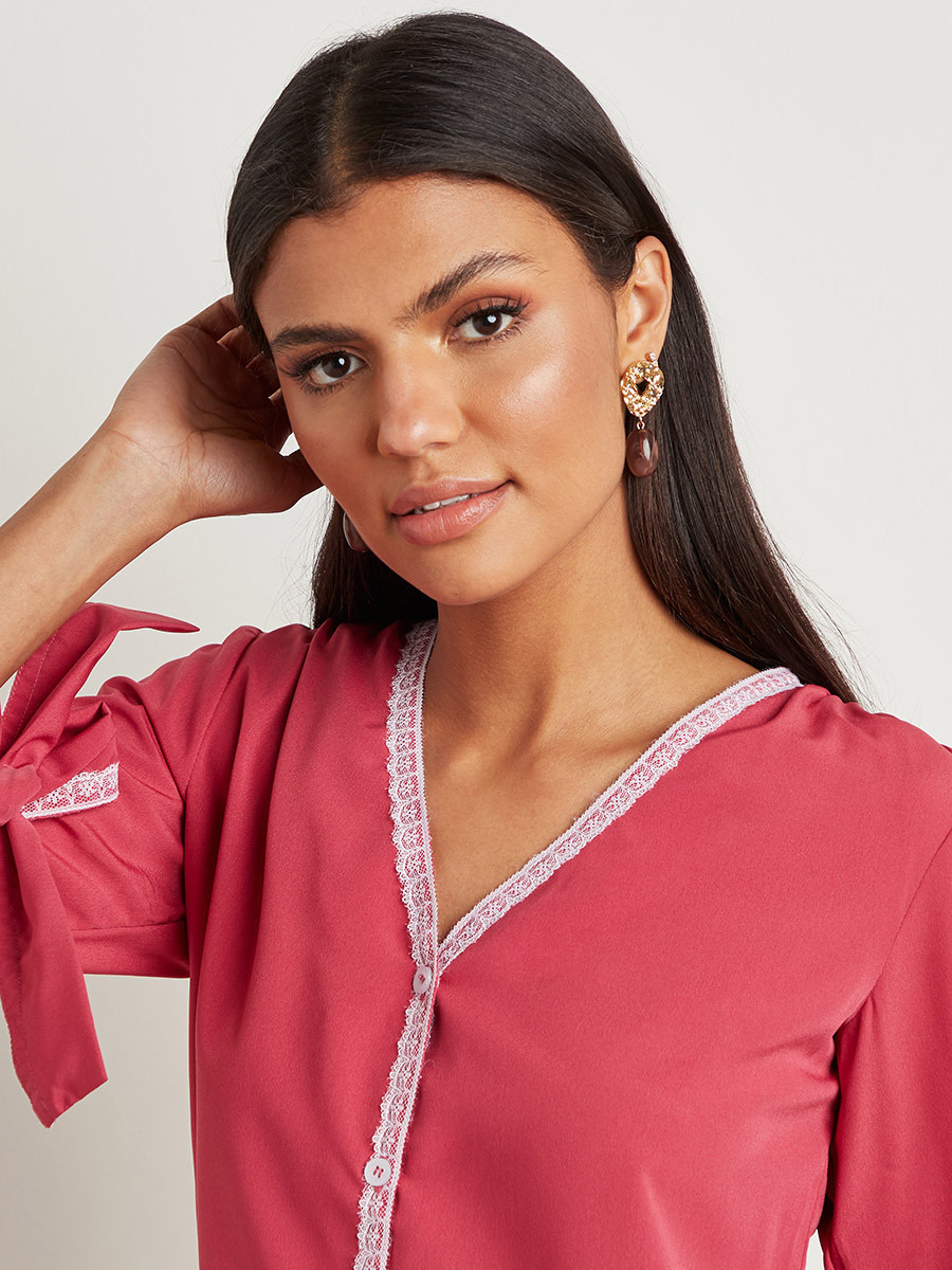 Styli Lace Trim Detail V Neck Blouse with Tie-Cuff Sleeves-women-clothing-shirtsandblouses-blouses-image-3