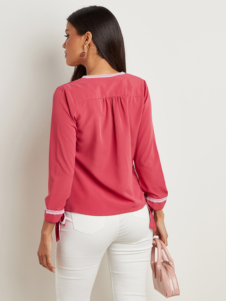 Styli Lace Trim Detail V Neck Blouse with Tie-Cuff Sleeves-women-clothing-shirtsandblouses-blouses-image-4