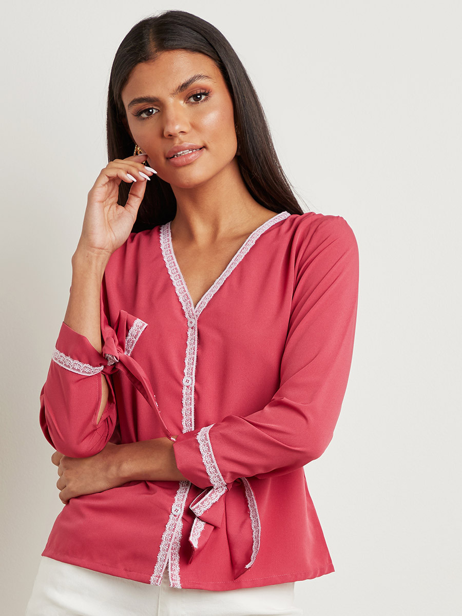 Styli Lace Trim Detail V Neck Blouse with Tie-Cuff Sleeves-women-clothing-shirtsandblouses-blouses-image-6
