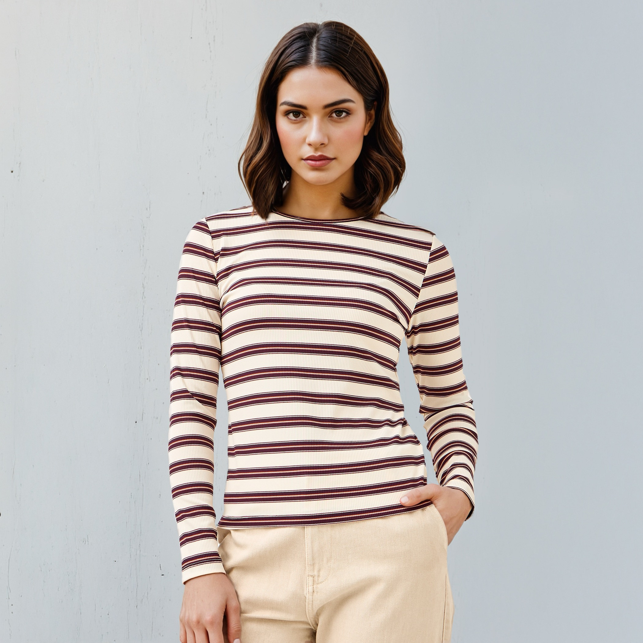 تيشيرت مخطط بياقة ضيقة وأكمام طويلة-women-clothing-tshirts-image-1