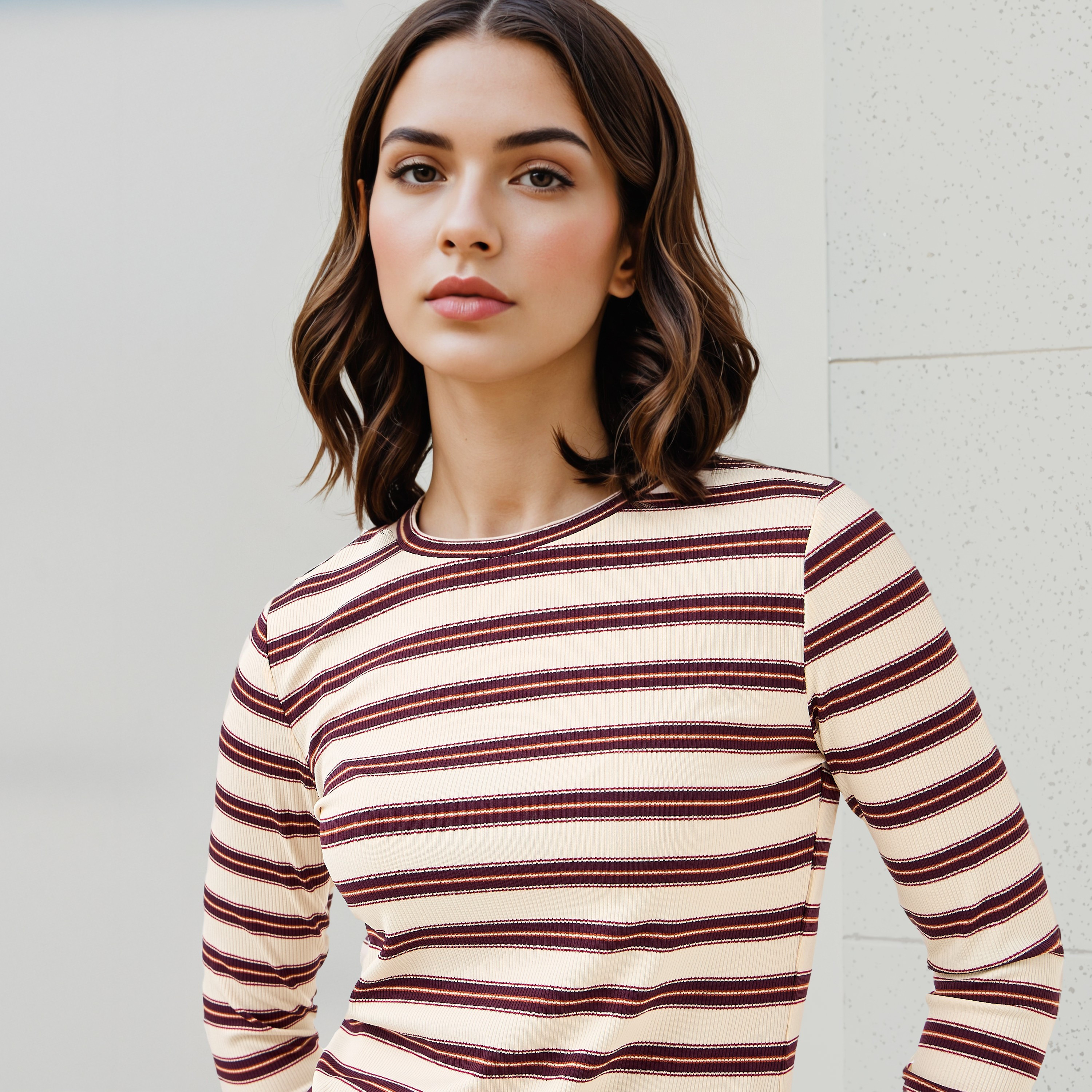تيشيرت مخطط بياقة ضيقة وأكمام طويلة-women-clothing-tshirts-image-4