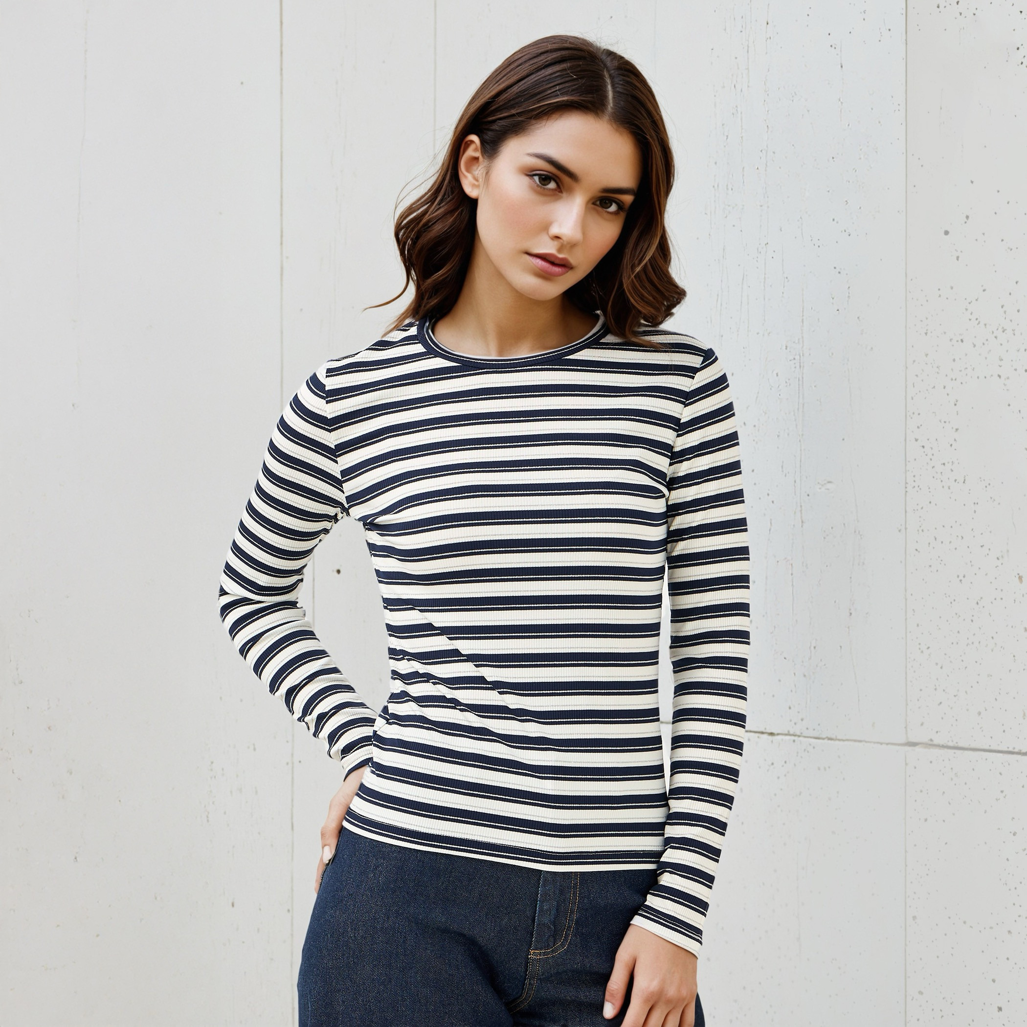 تيشيرت مخطط بياقة ضيقة وأكمام طويلة-women-clothing-tshirts-image-1