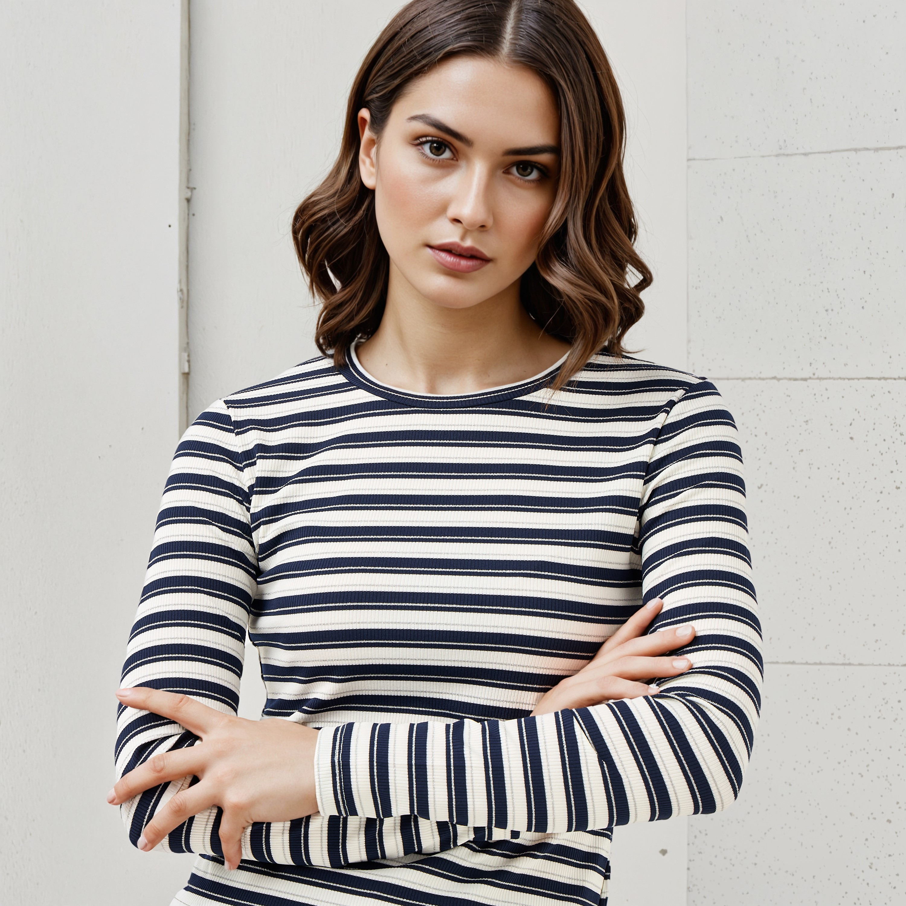 تيشيرت مخطط بياقة ضيقة وأكمام طويلة-women-clothing-tshirts-image-4