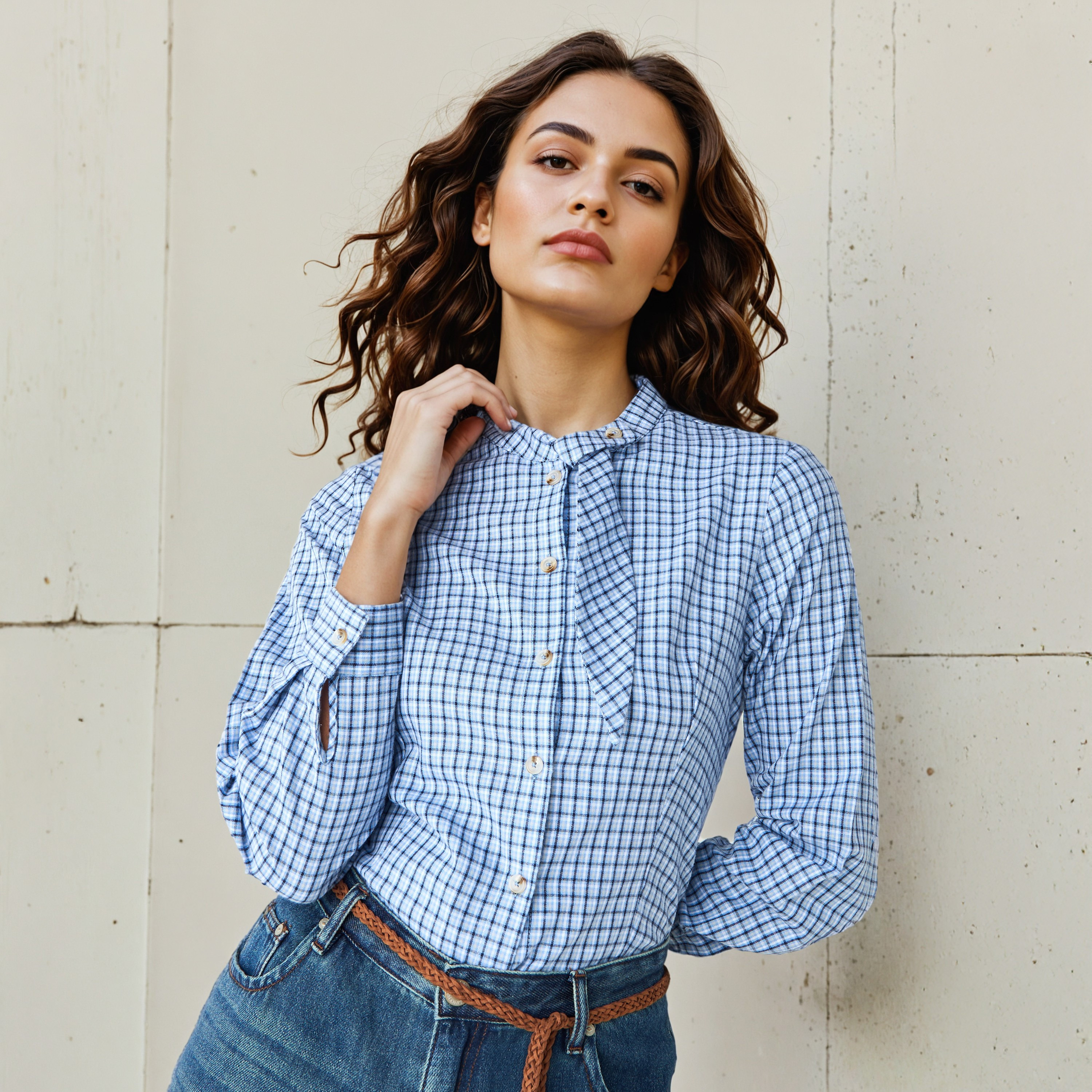 Checked Shirt with Tie Detail-women-clothing-shirtsandblouses-shirts-image-1
