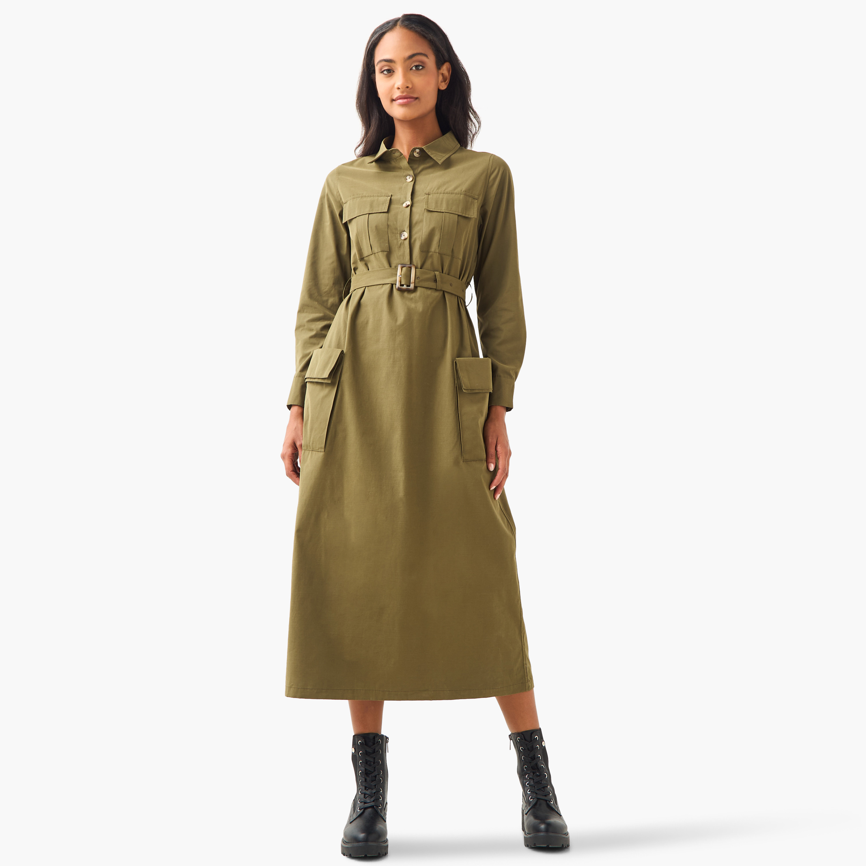 فستان قميص ميدي بحزام-women-clothing-dresses-image-1