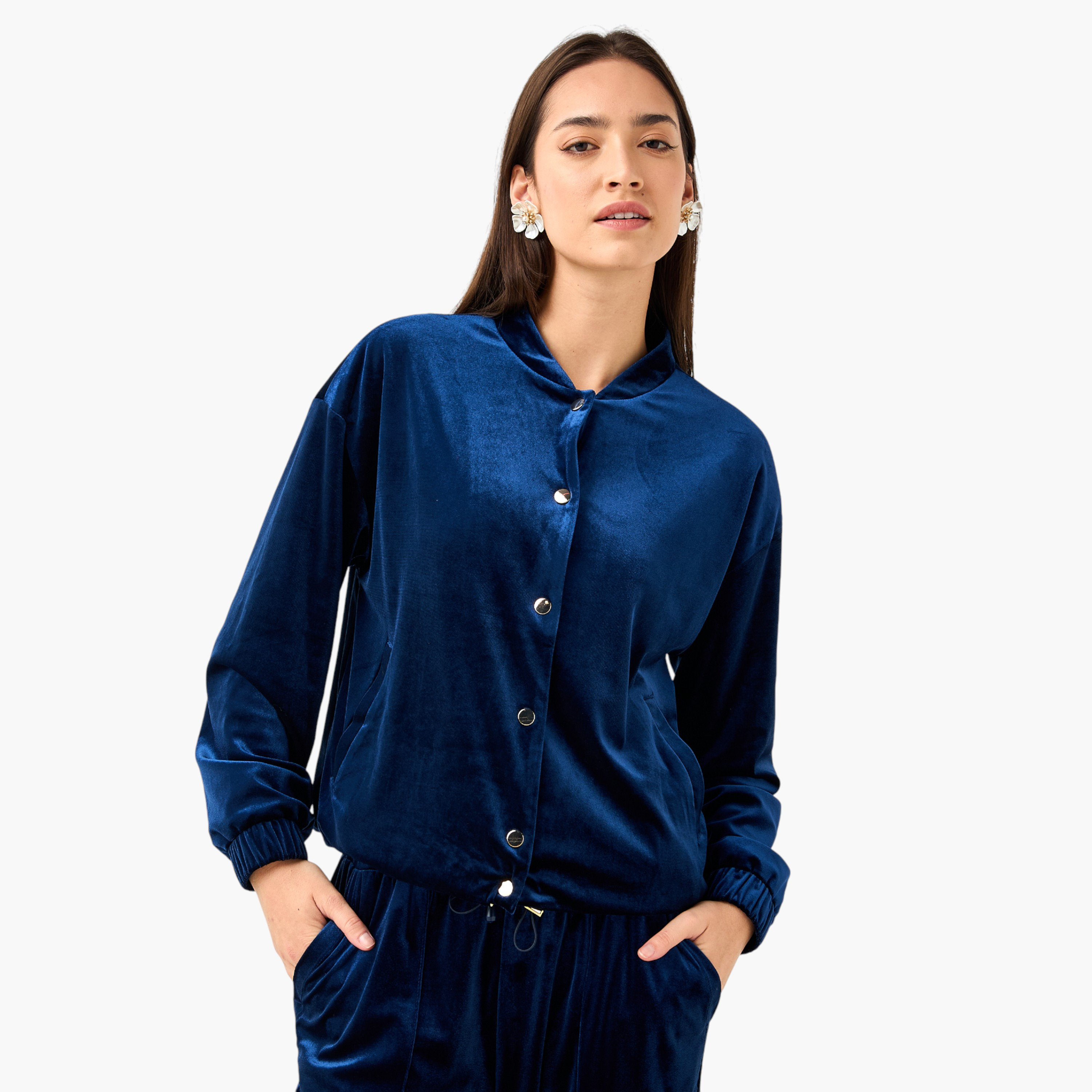 Velvet Bomber Jacket with Mandarin Neck-women-winterwear-coatsandjackets-jackets-image-1