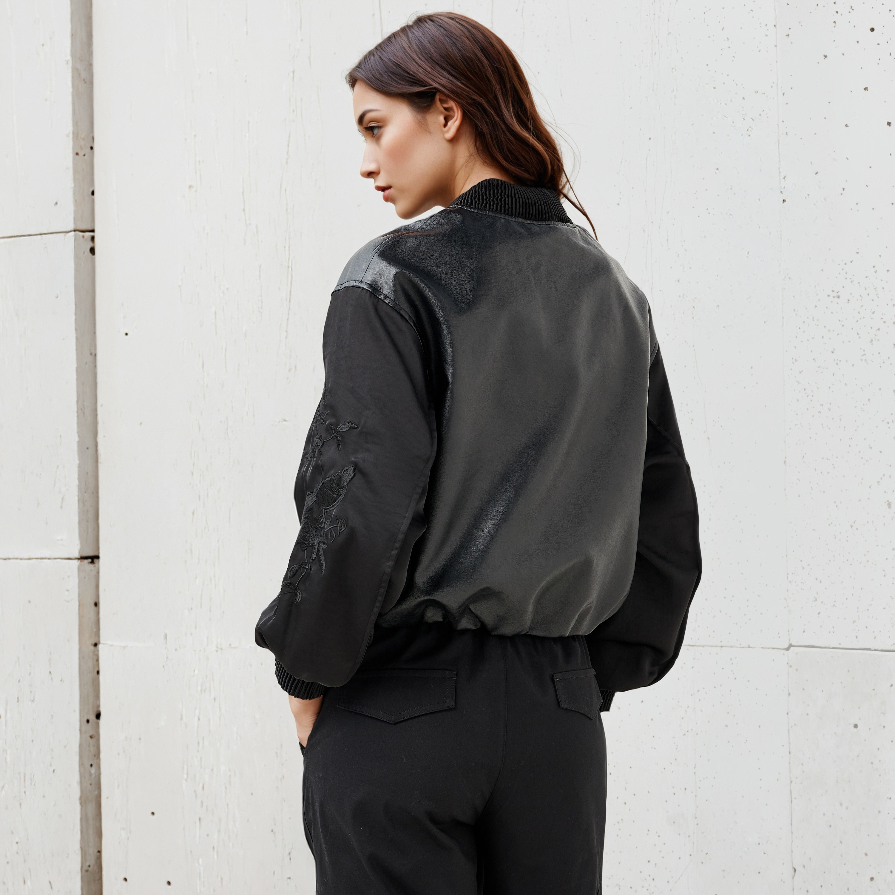 Biker Jacket with Embroidered Sleeves and Zip Closure-women-winterwear-coatsandjackets-jackets-image-3