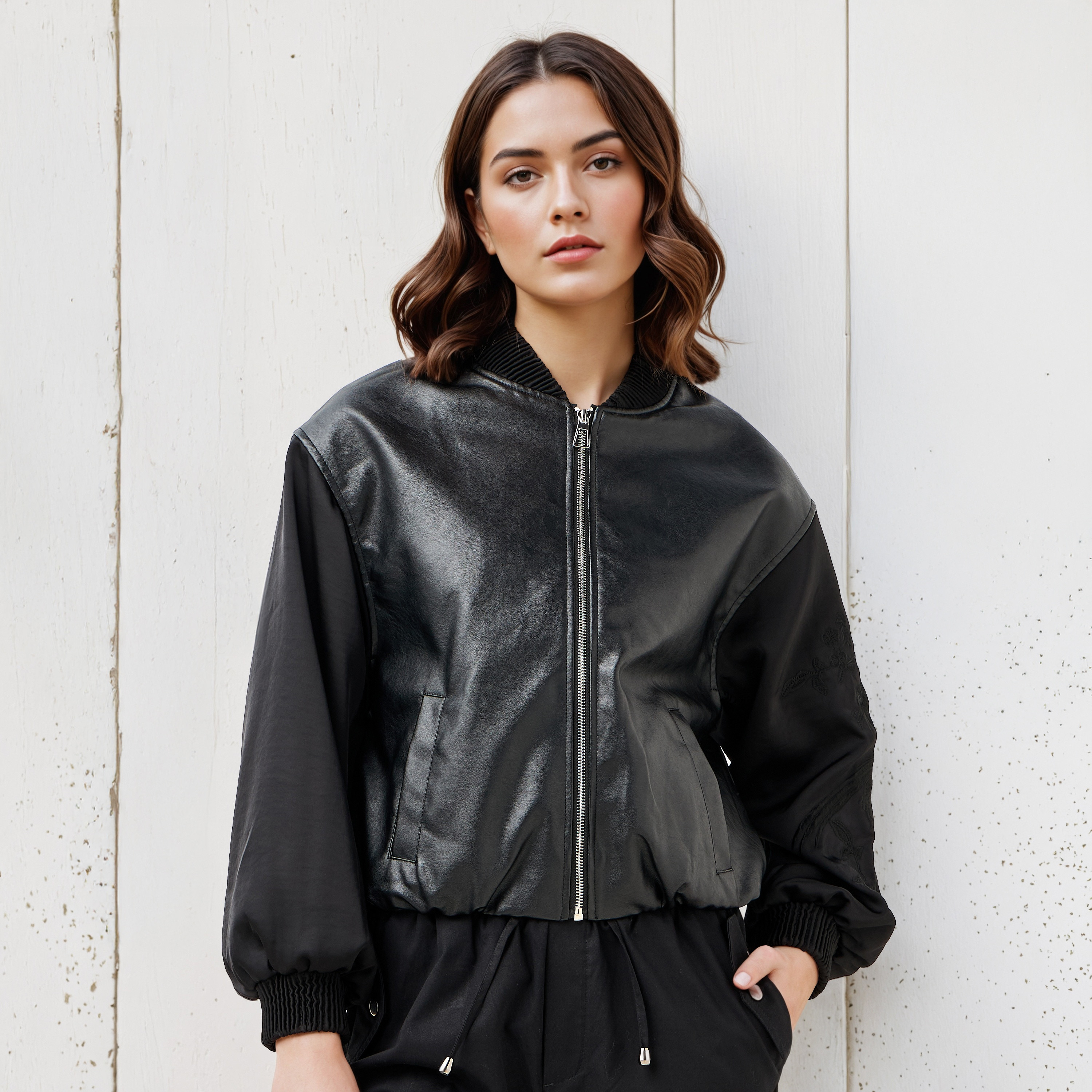 Biker Jacket with Embroidered Sleeves and Zip Closure-women-winterwear-coatsandjackets-jackets-image-6