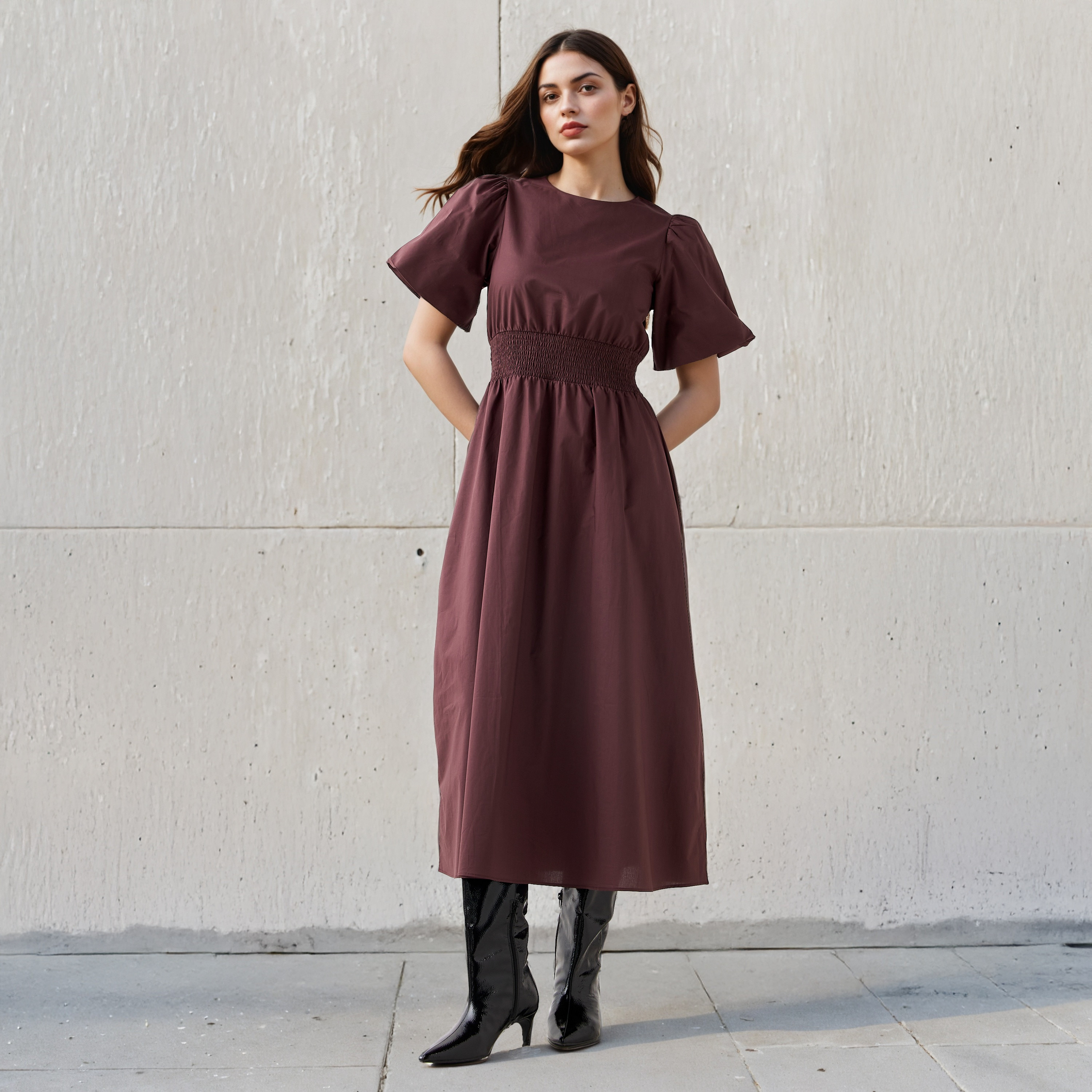 Shirred A-line Midi Cotton Dress with Balloon Sleeves-women-clothing-dresses-image-1