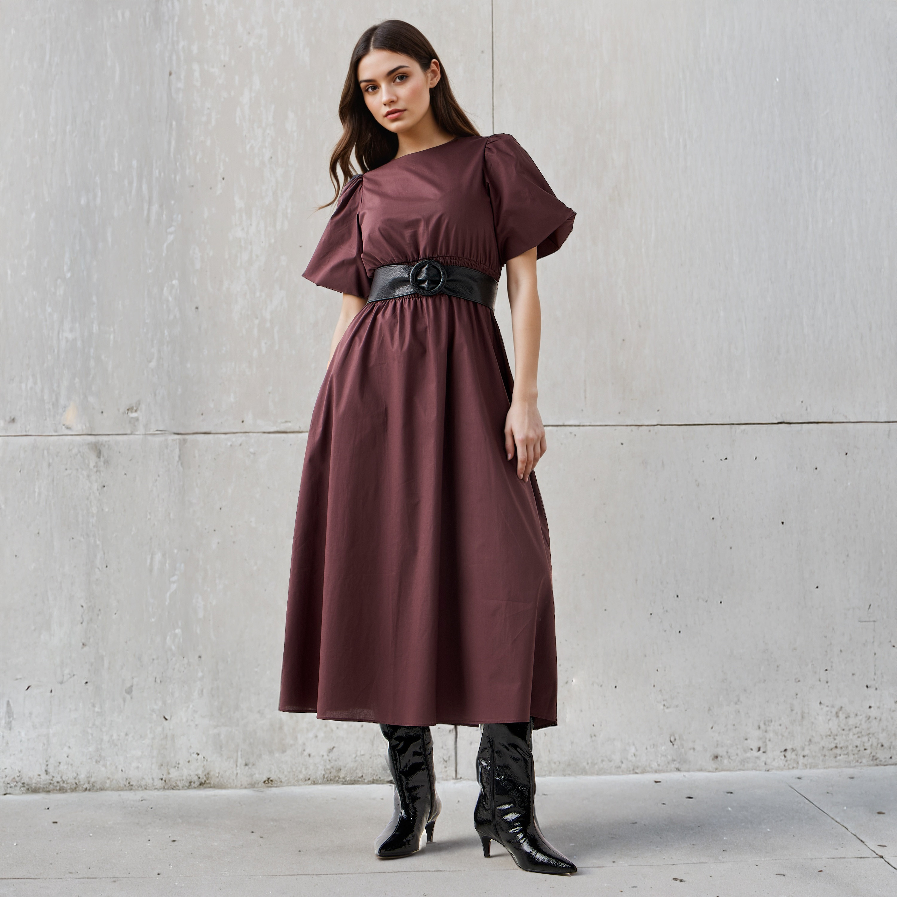 Shirred A-line Midi Cotton Dress with Balloon Sleeves-women-clothing-dresses-image-2