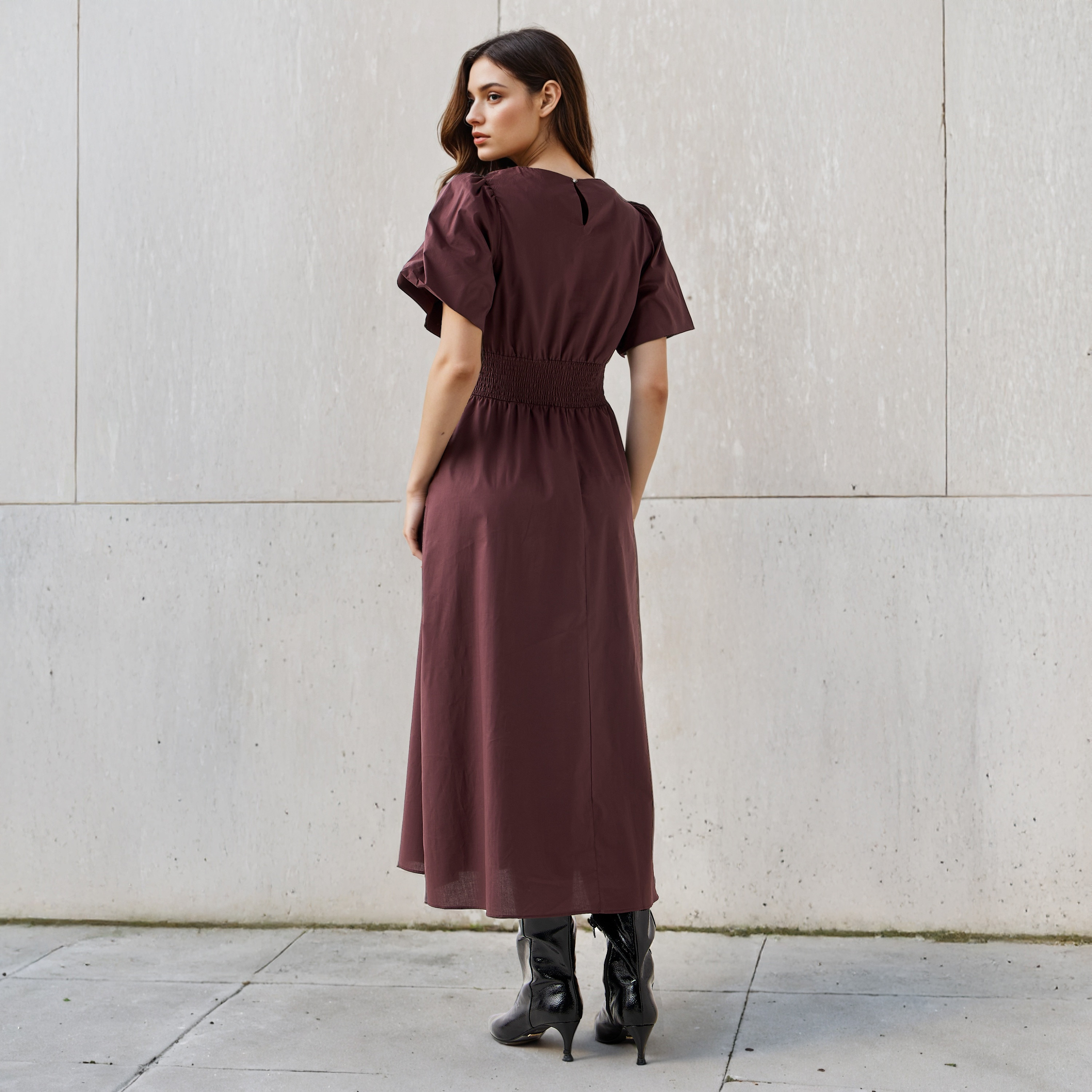 Shirred A-line Midi Cotton Dress with Balloon Sleeves-women-clothing-dresses-image-3