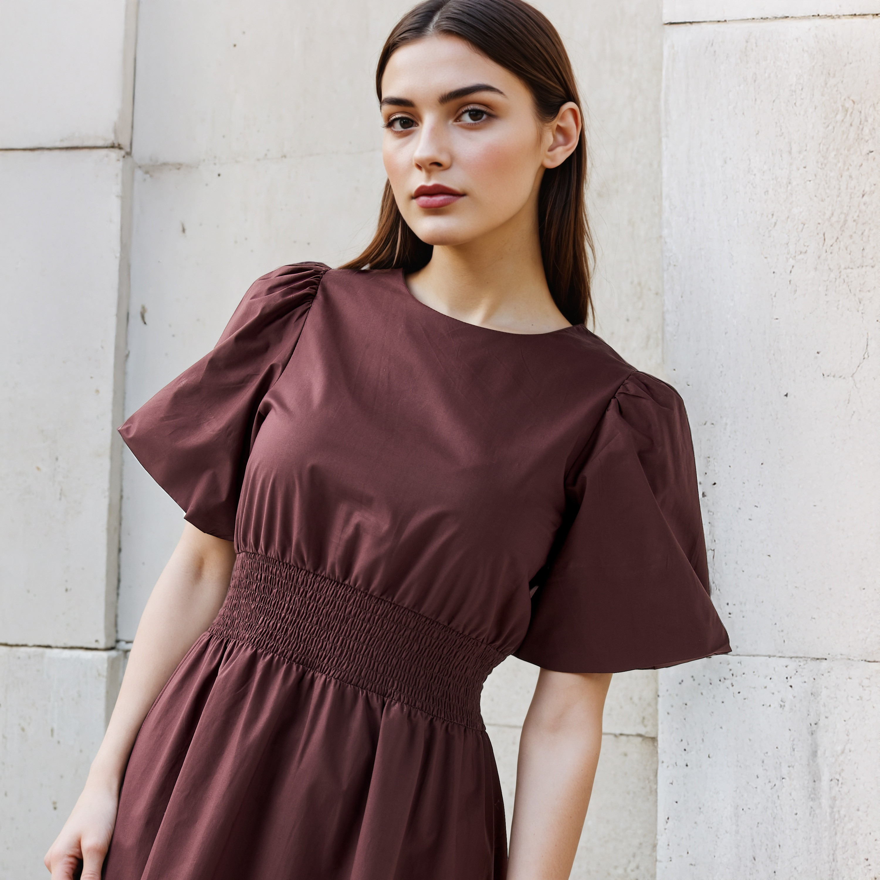 Shirred A-line Midi Cotton Dress with Balloon Sleeves-women-clothing-dresses-image-5