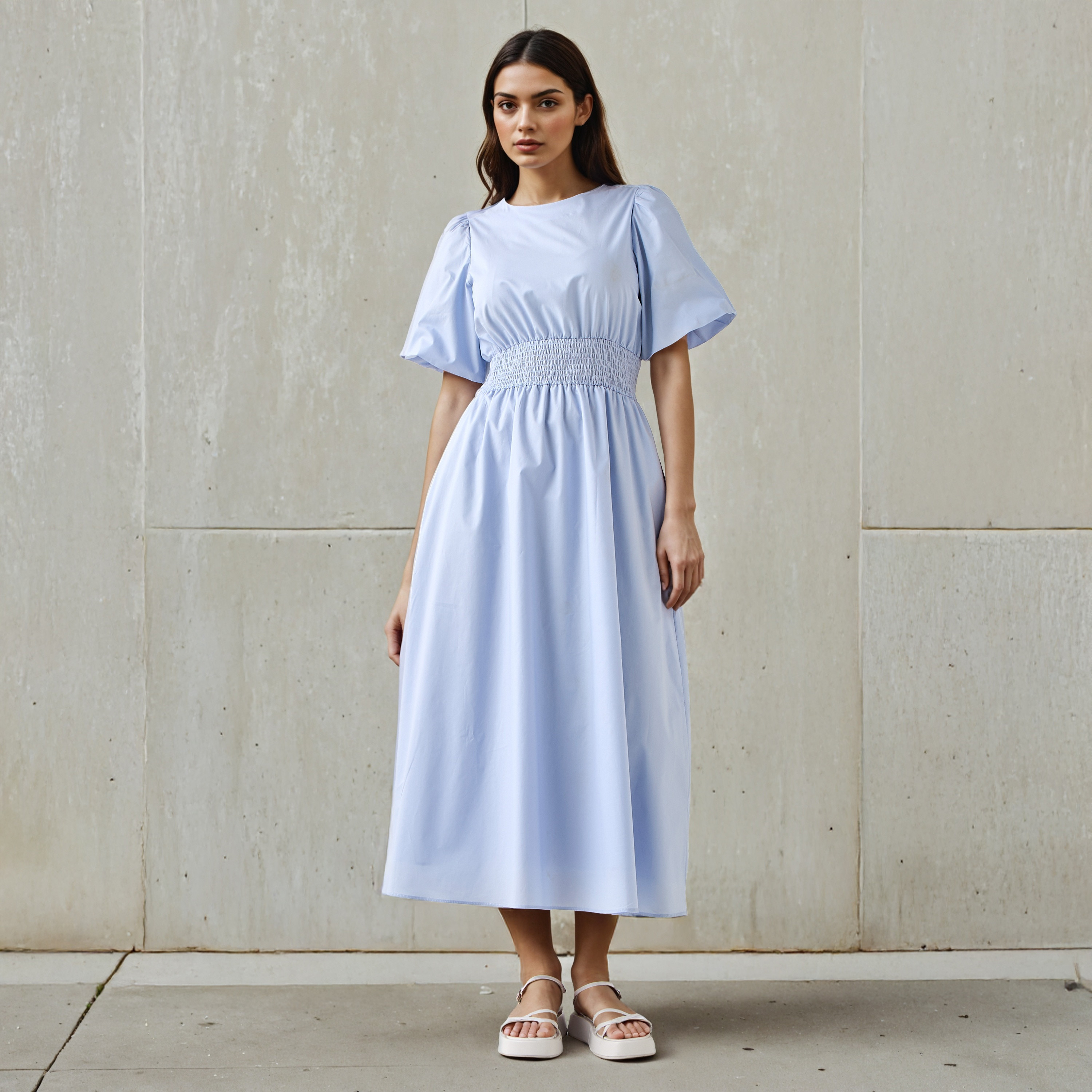 Shirred A-line Midi Cotton Dress with Balloon Sleeves-women-clothing-dresses-image-1