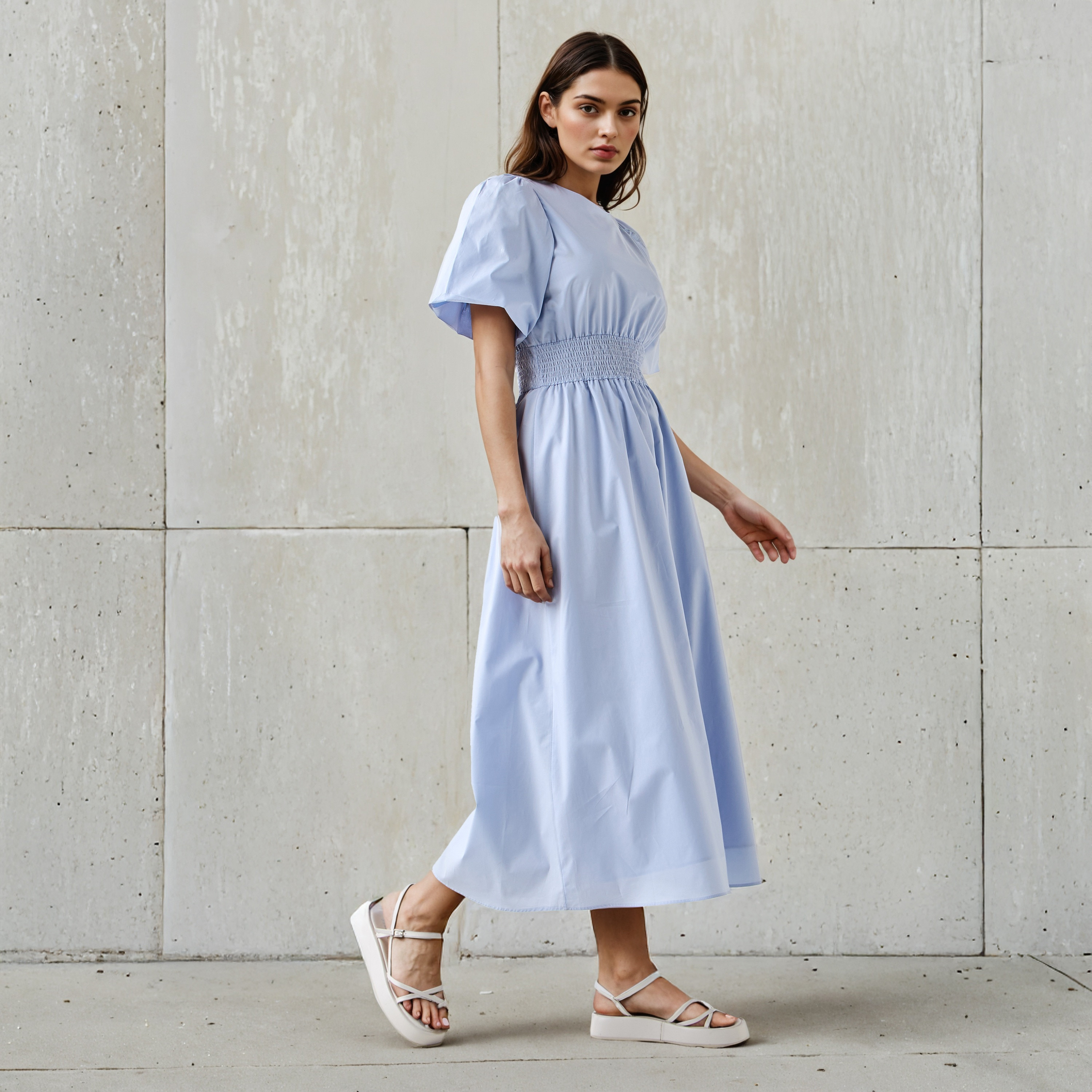 Shirred A-line Midi Cotton Dress with Balloon Sleeves-women-clothing-dresses-image-2