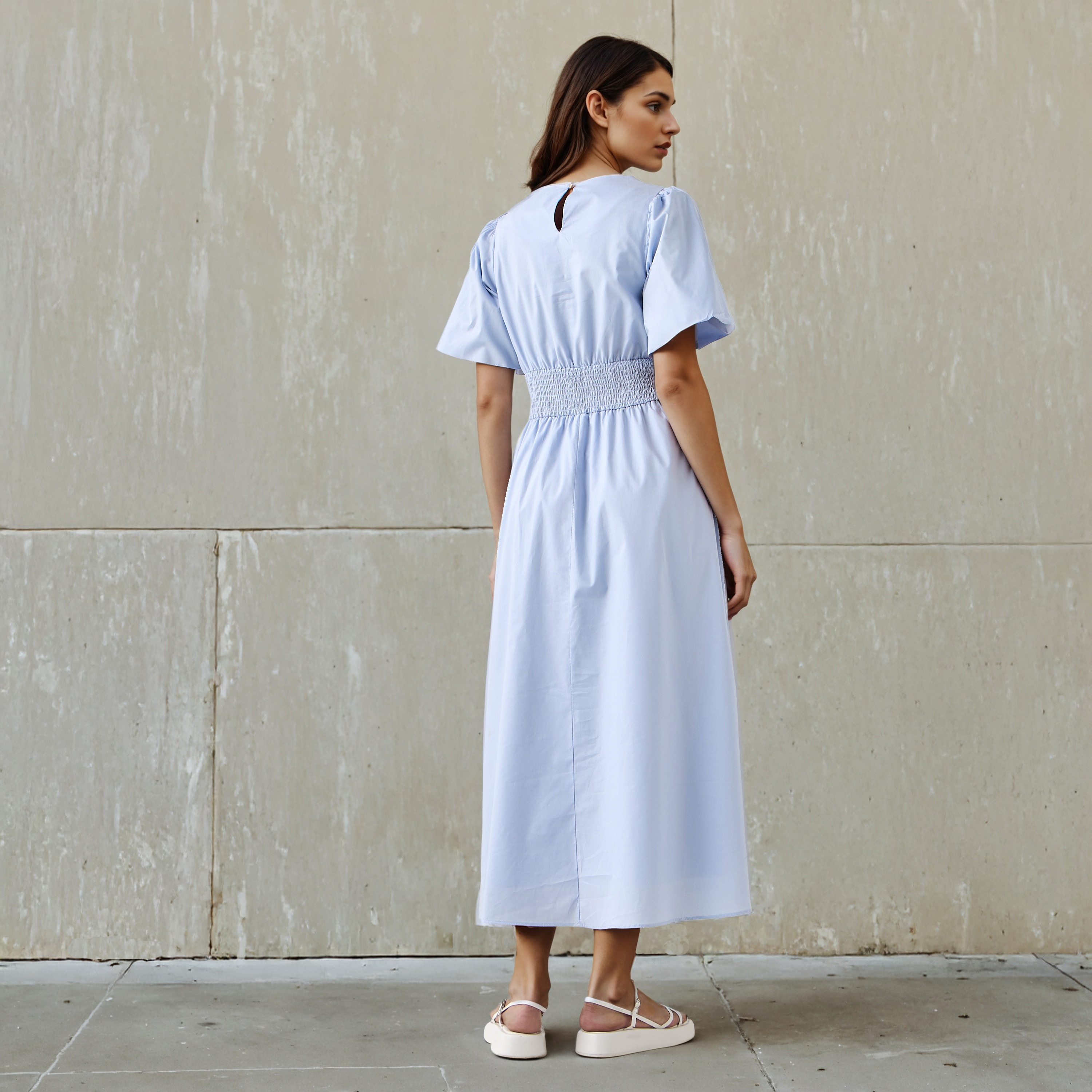 Shirred A-line Midi Cotton Dress with Balloon Sleeves-women-clothing-dresses-image-3