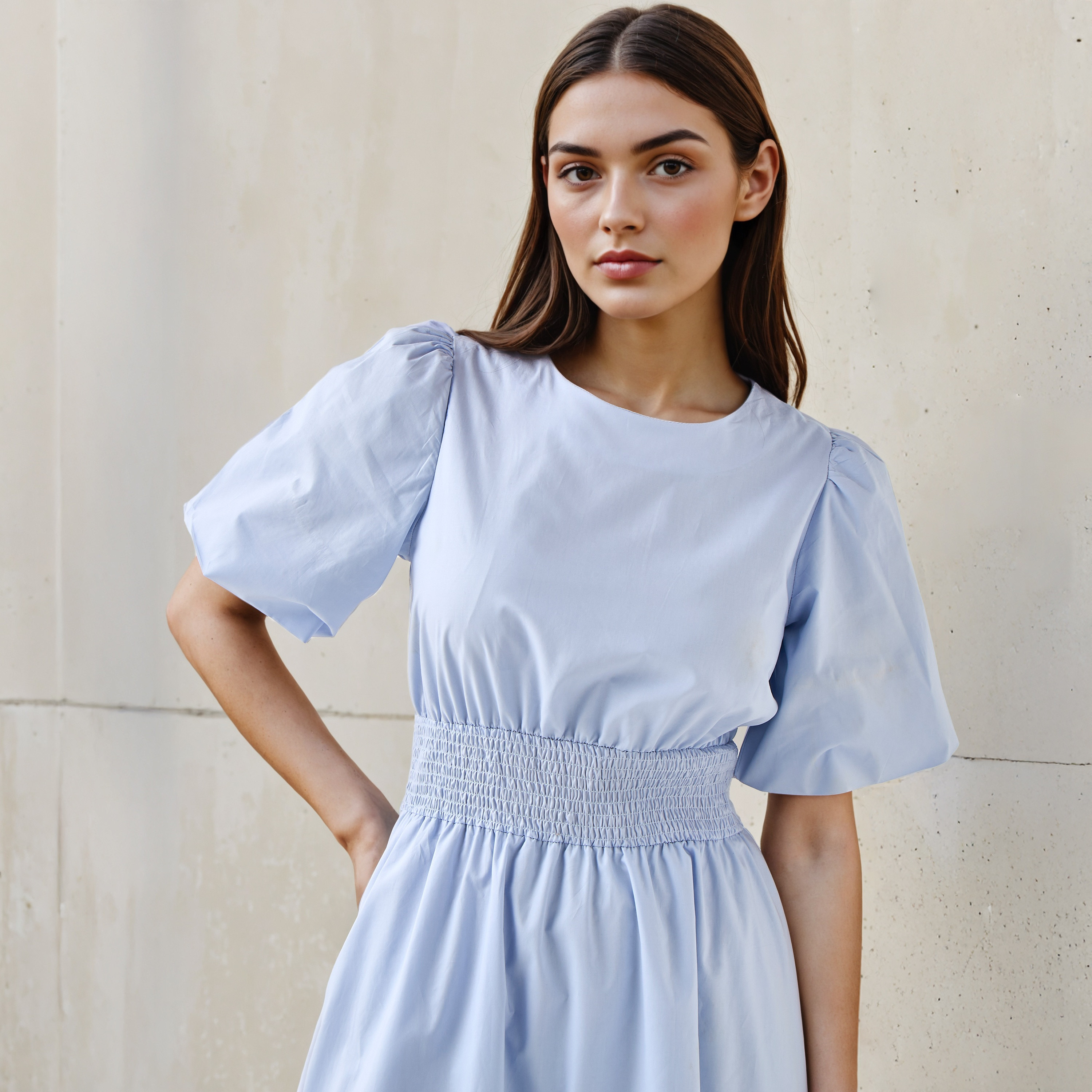 Shirred A-line Midi Cotton Dress with Balloon Sleeves-women-clothing-dresses-image-9