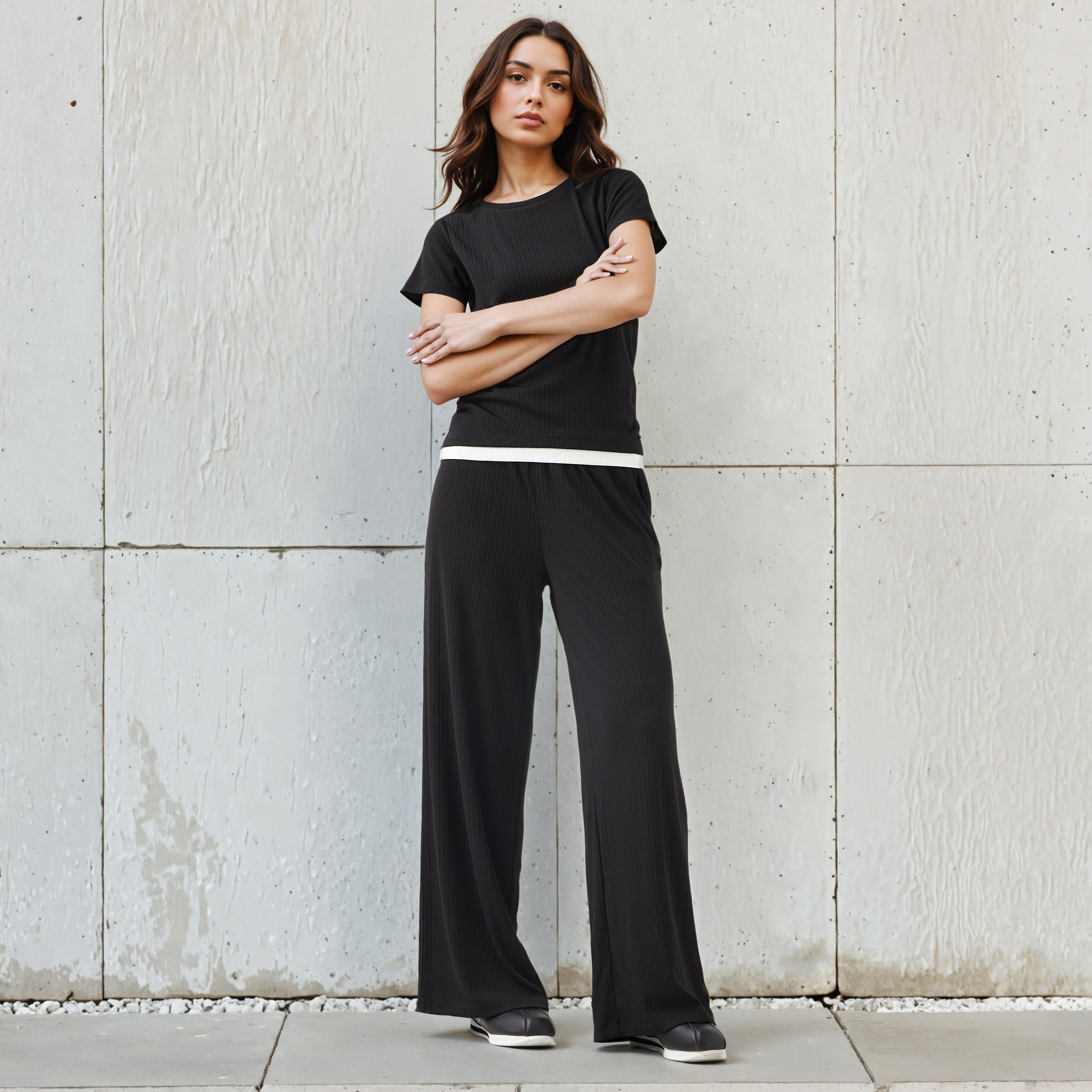 Wide Leg Mid-Rise Ribbed Flexi Waist Joggers with Contrast Waist-women-clothing-bottoms-joggers-image-2