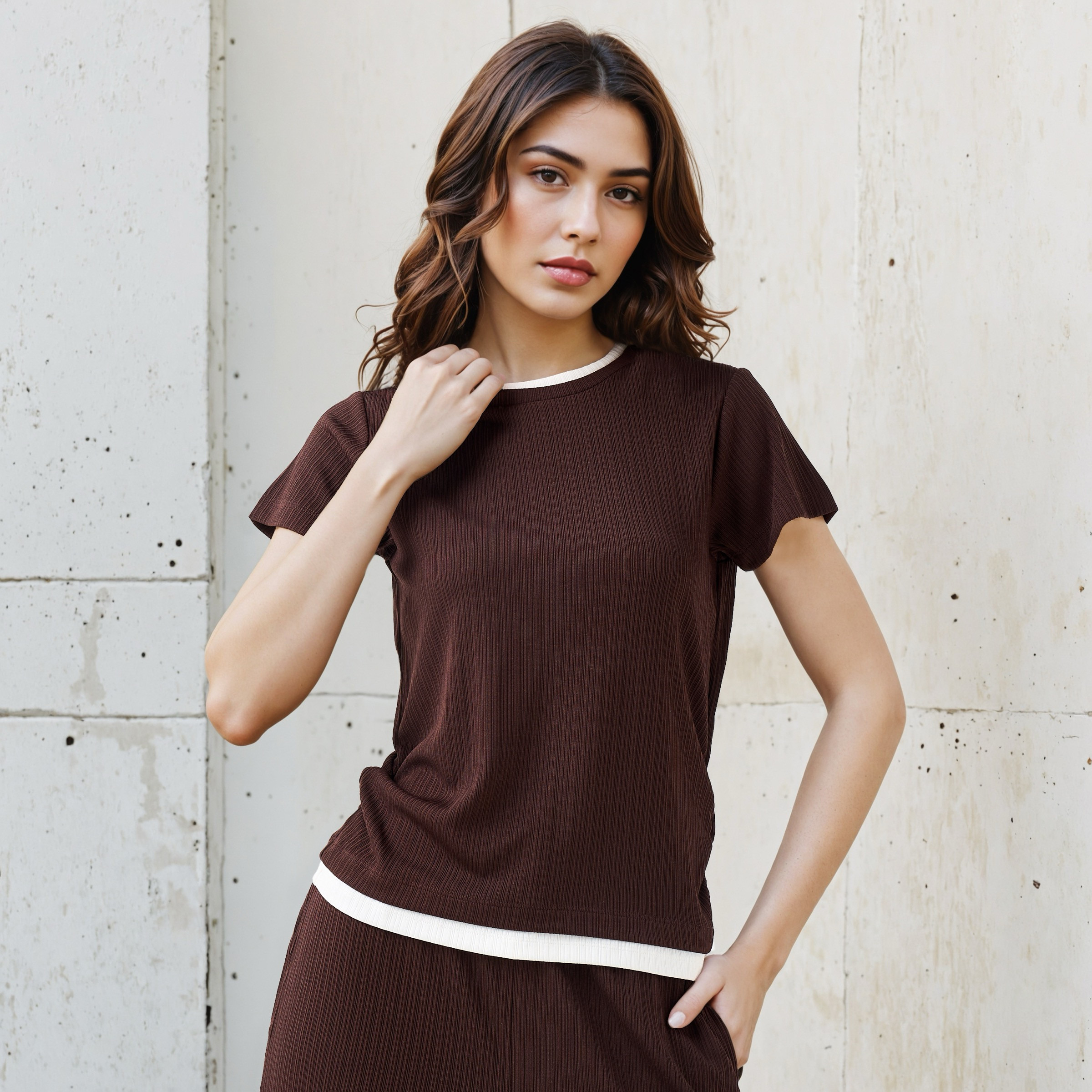 تيشيرت بقصة عادية من مزيج بوليستر وتفاصيل كشكش-women-clothing-tshirts-image-1