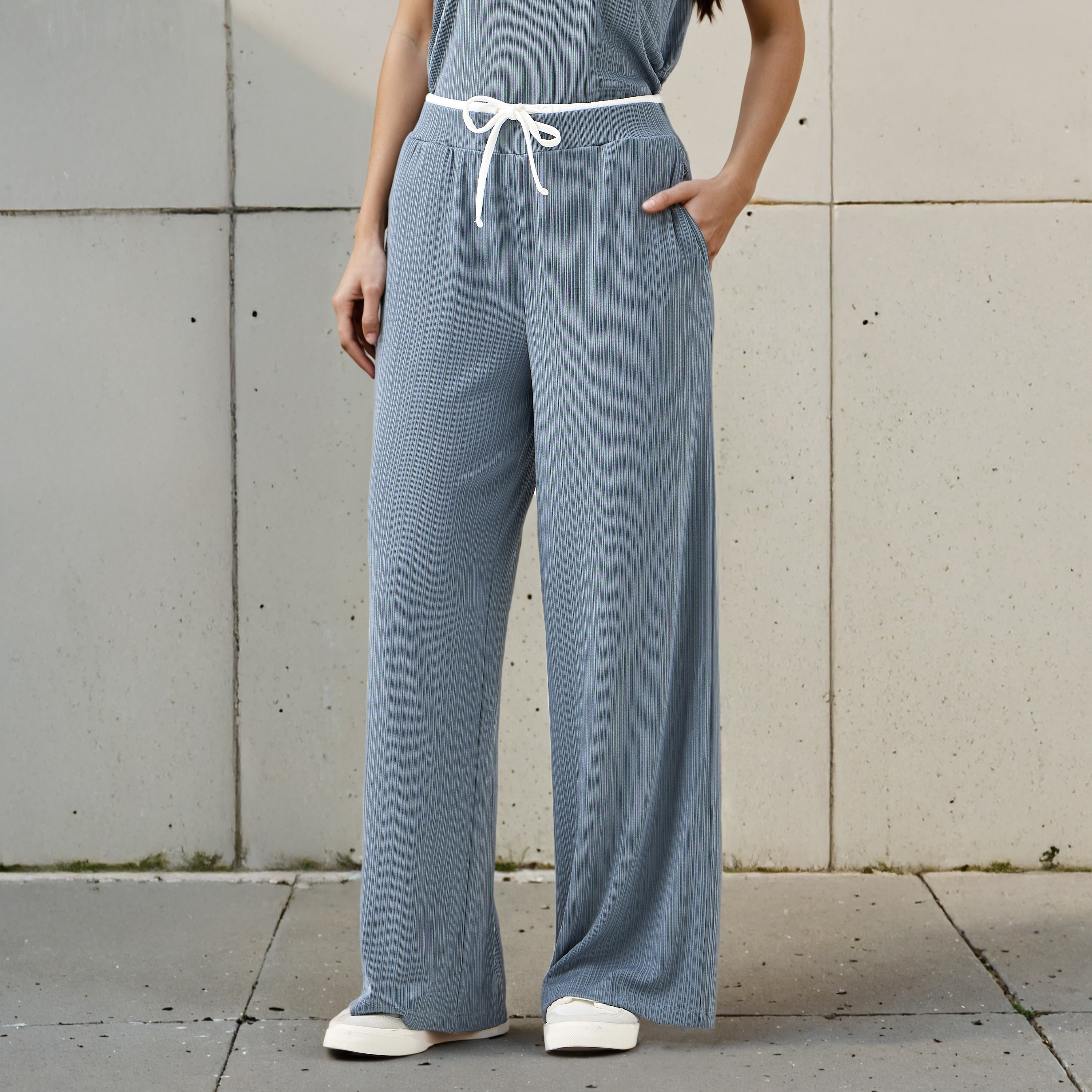 Wide Leg Mid-Rise Ribbed Flexi Waist Joggers with Contrast Waist-women-clothing-bottoms-joggers-image-1