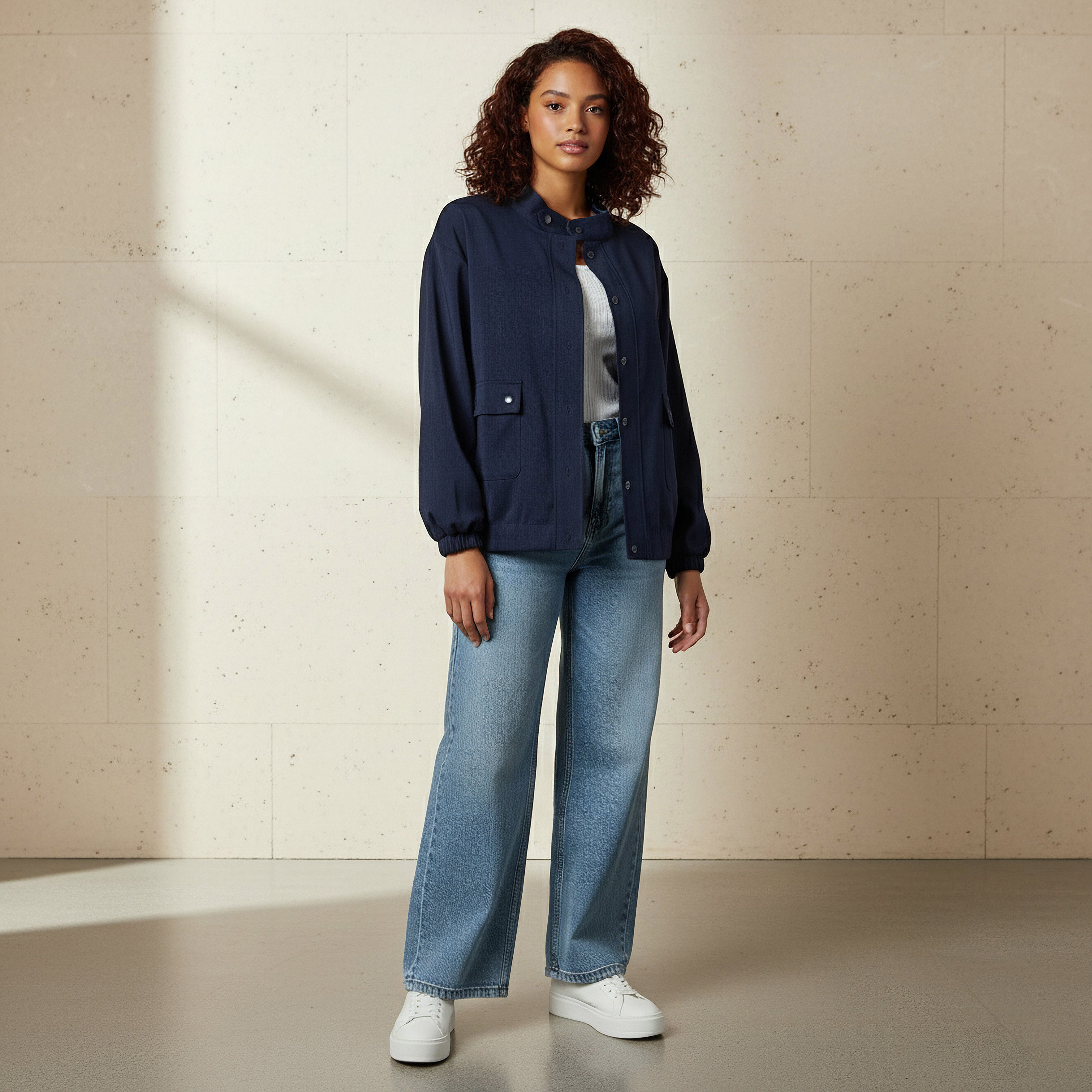 جاكيت بقصة عادية وأزرار إغلاق وجيوب-women-clothing-coordsets-image-4