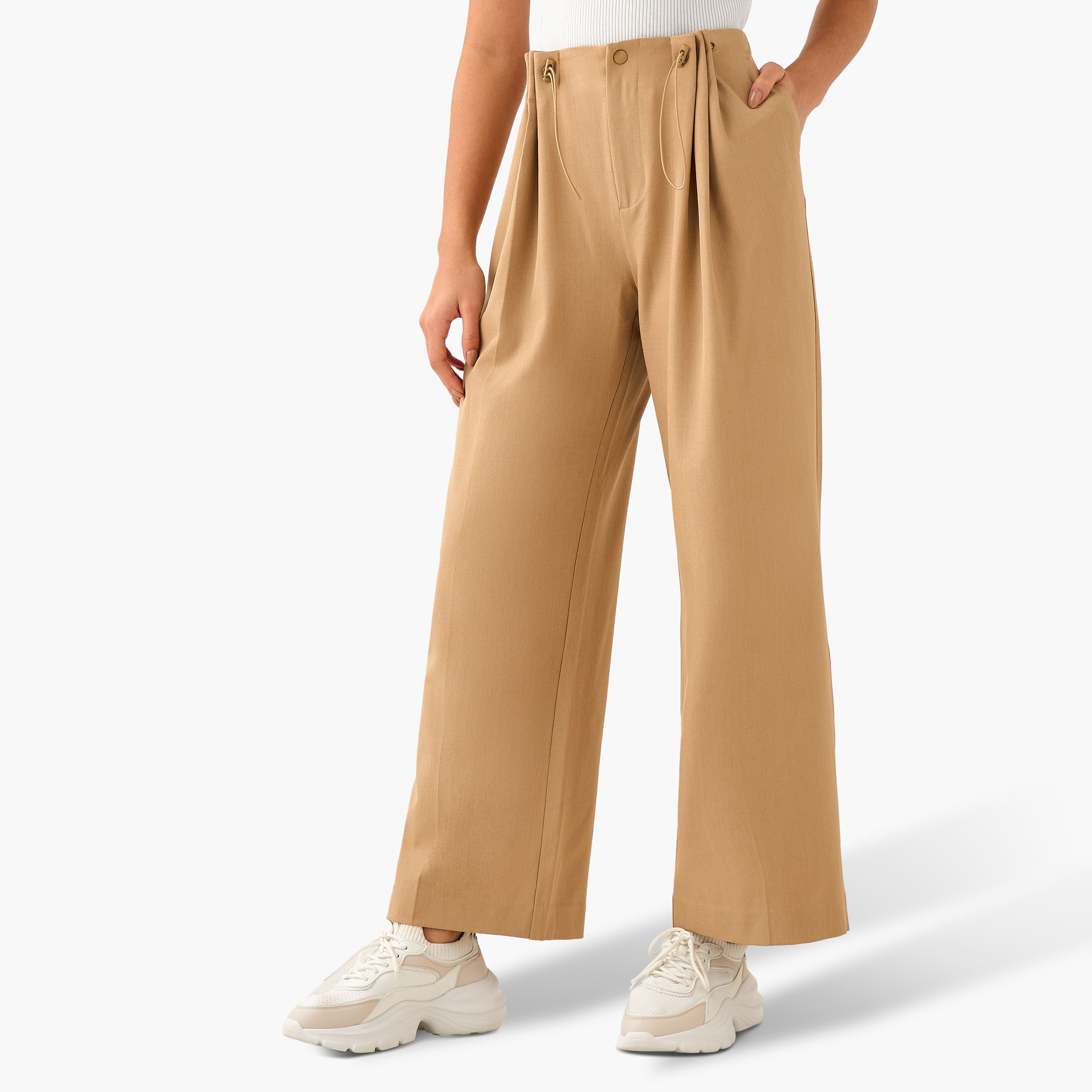 Buttoned Waist Pleated Wide Leg Pants-women-clothing-coordsets-image-2