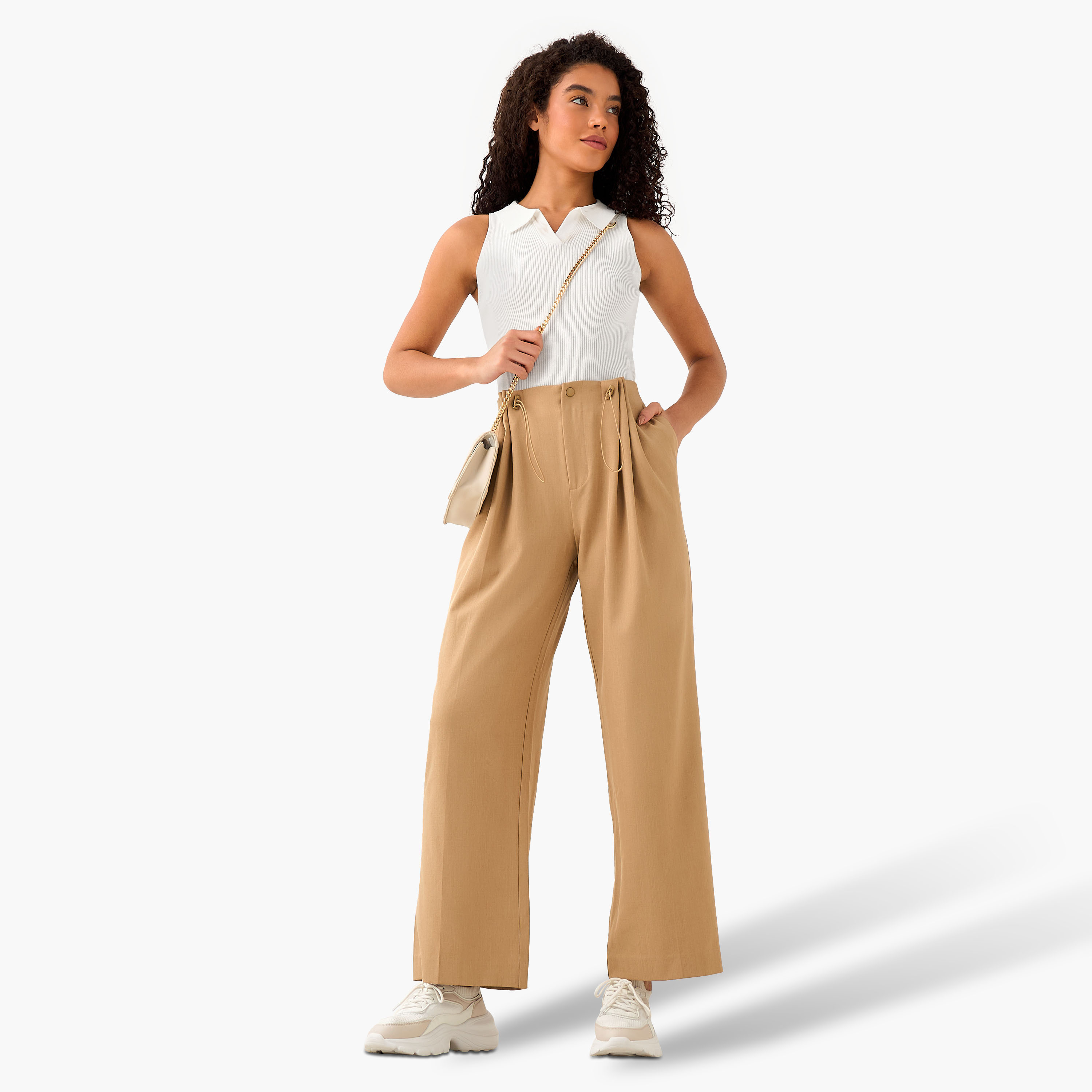 Buttoned Waist Pleated Wide Leg Pants-women-clothing-coordsets-image-3