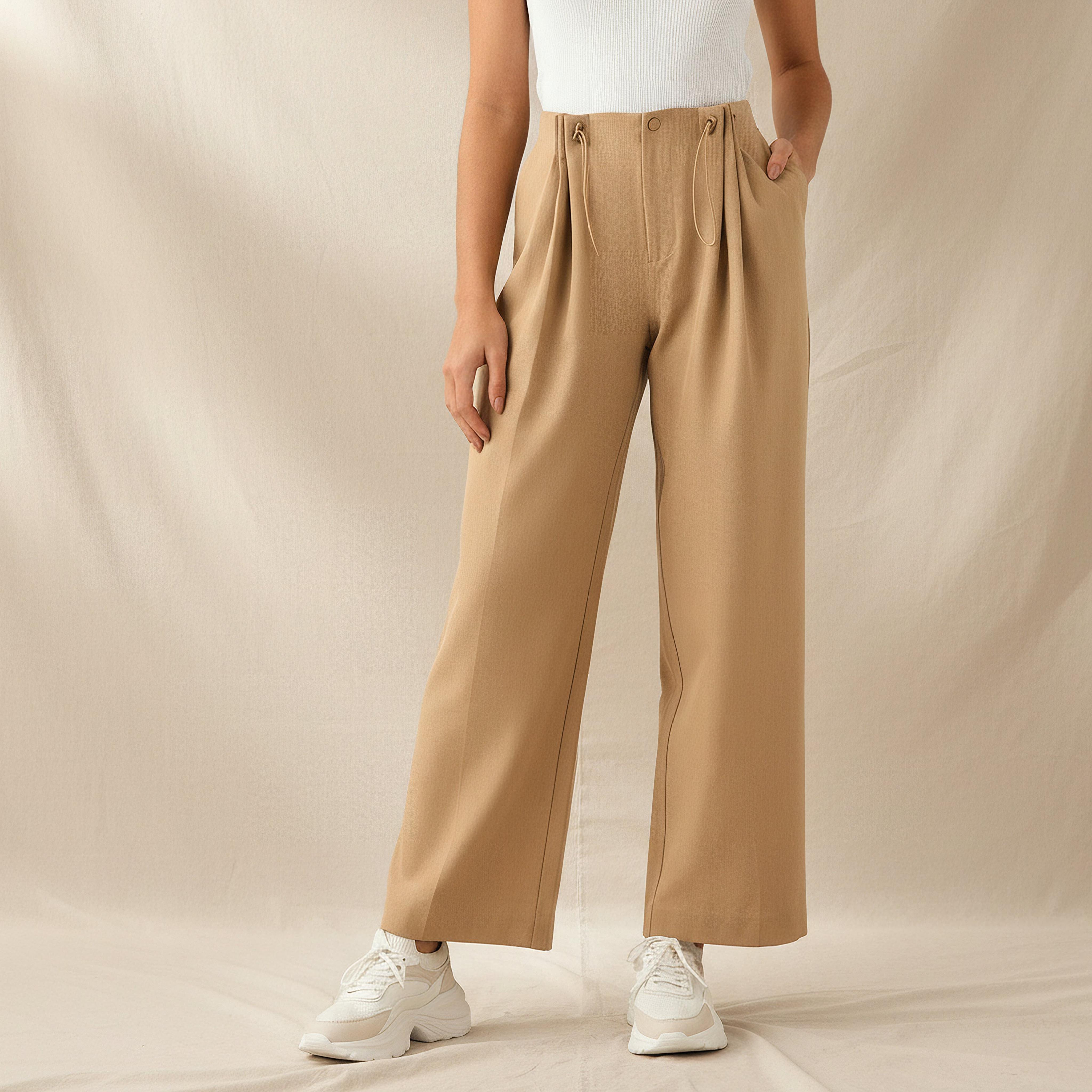 Buttoned Waist Pleated Wide Leg Pants-women-clothing-coordsets-image-1