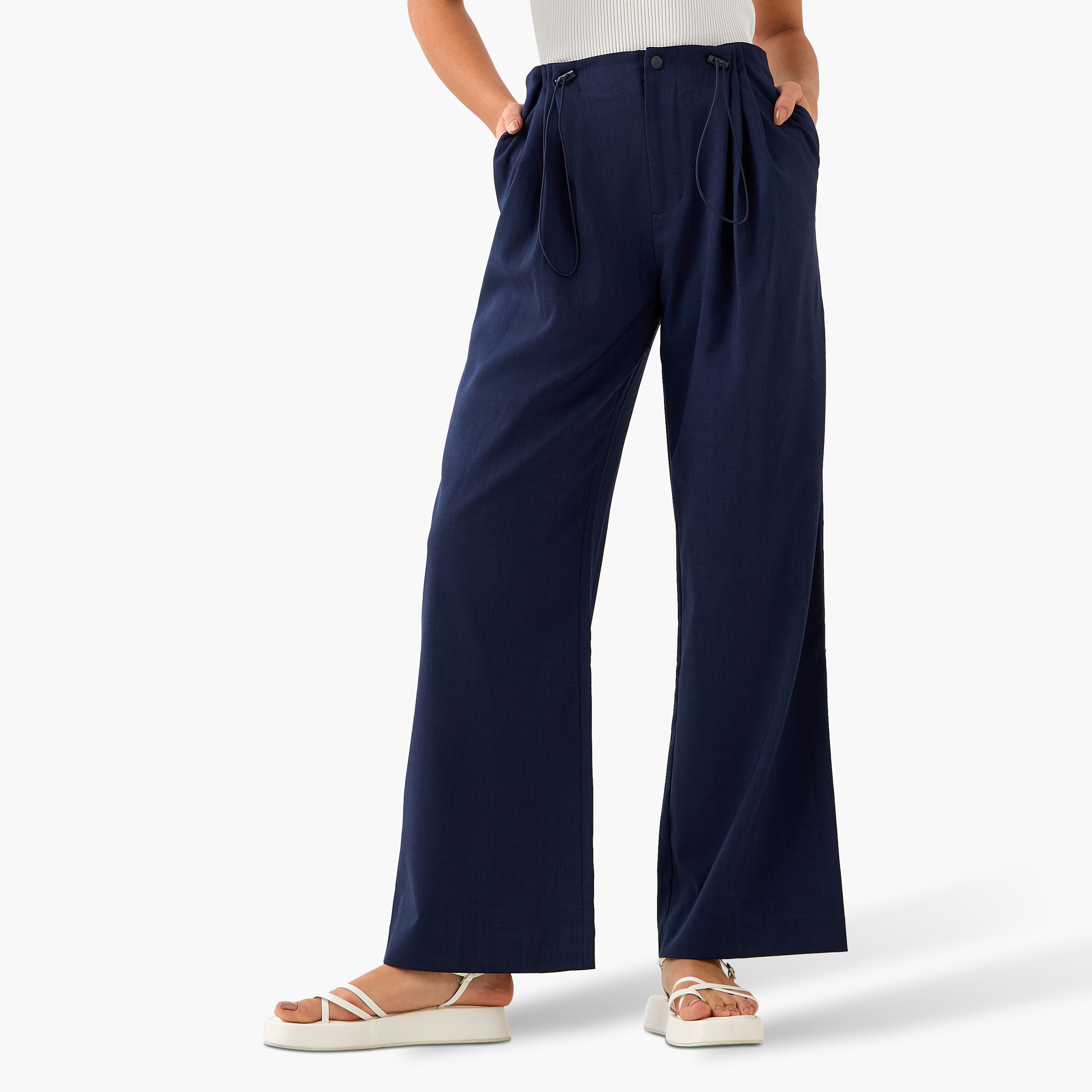 Buttoned Waist Pleated Wide Leg Pants-women-clothing-coordsets-image-2