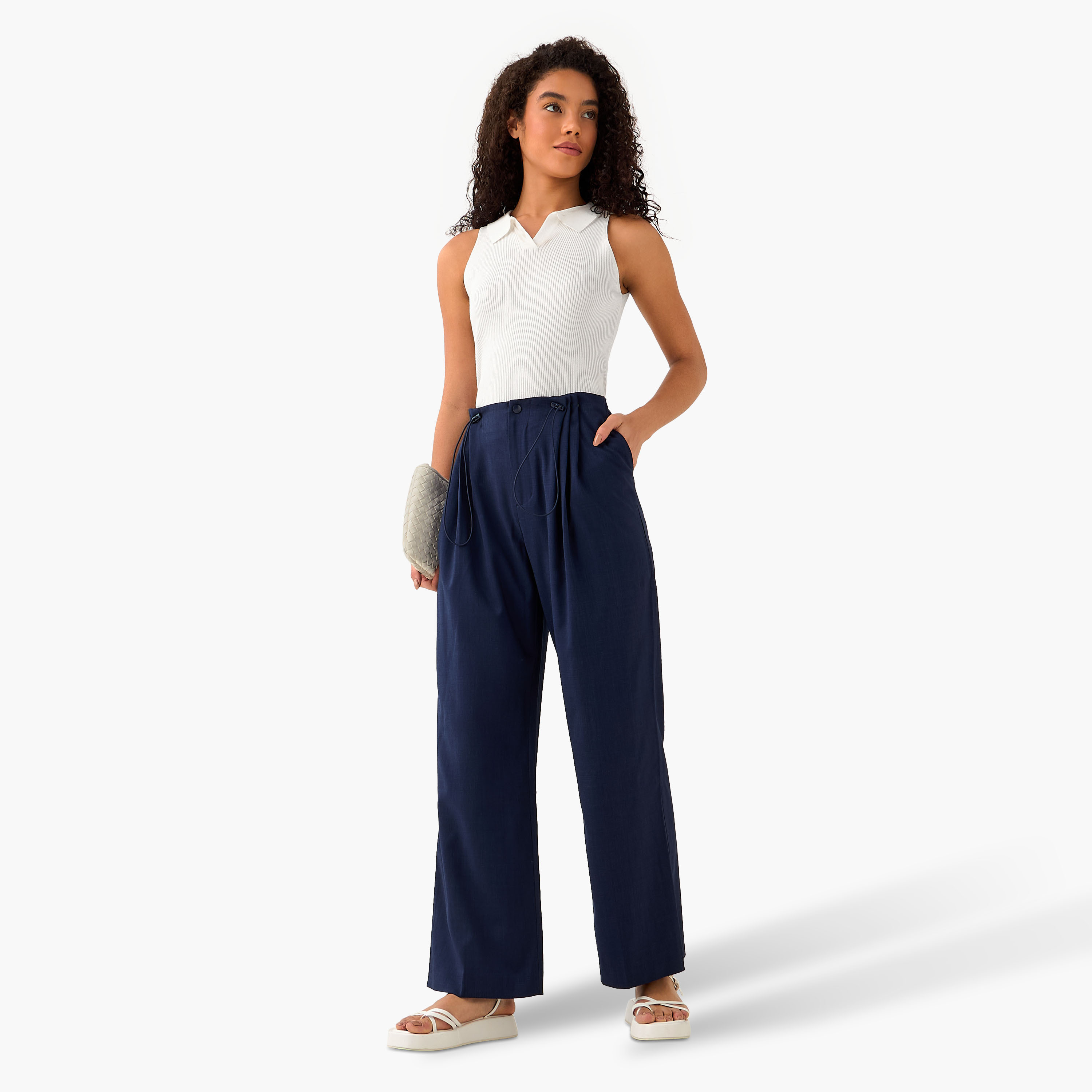 Buttoned Waist Pleated Wide Leg Pants-women-clothing-coordsets-image-3