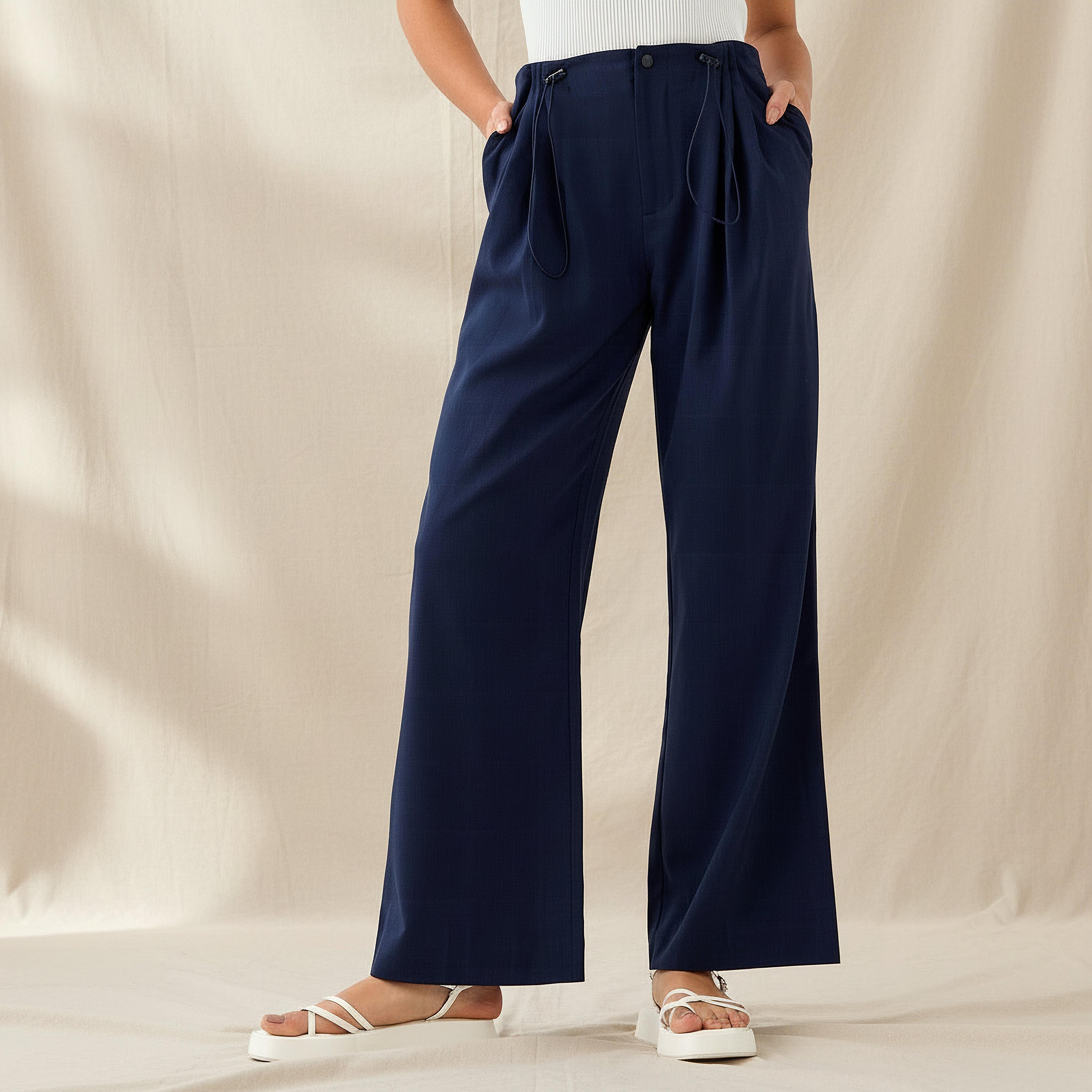 Buttoned Waist Pleated Wide Leg Pants-women-clothing-coordsets-image-1