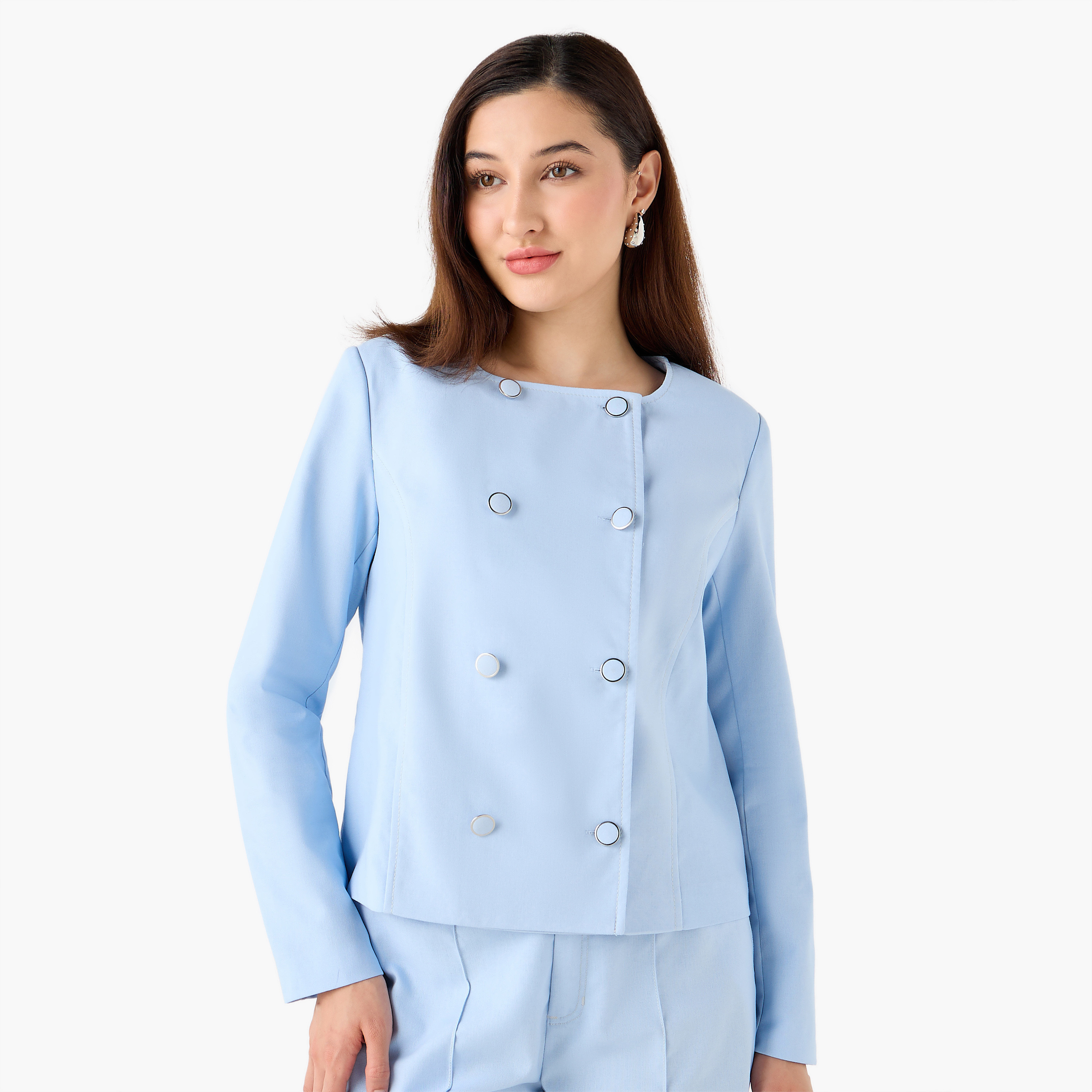 Linen Blend Double Button Jacket-women-clothing-coordsets-image-4