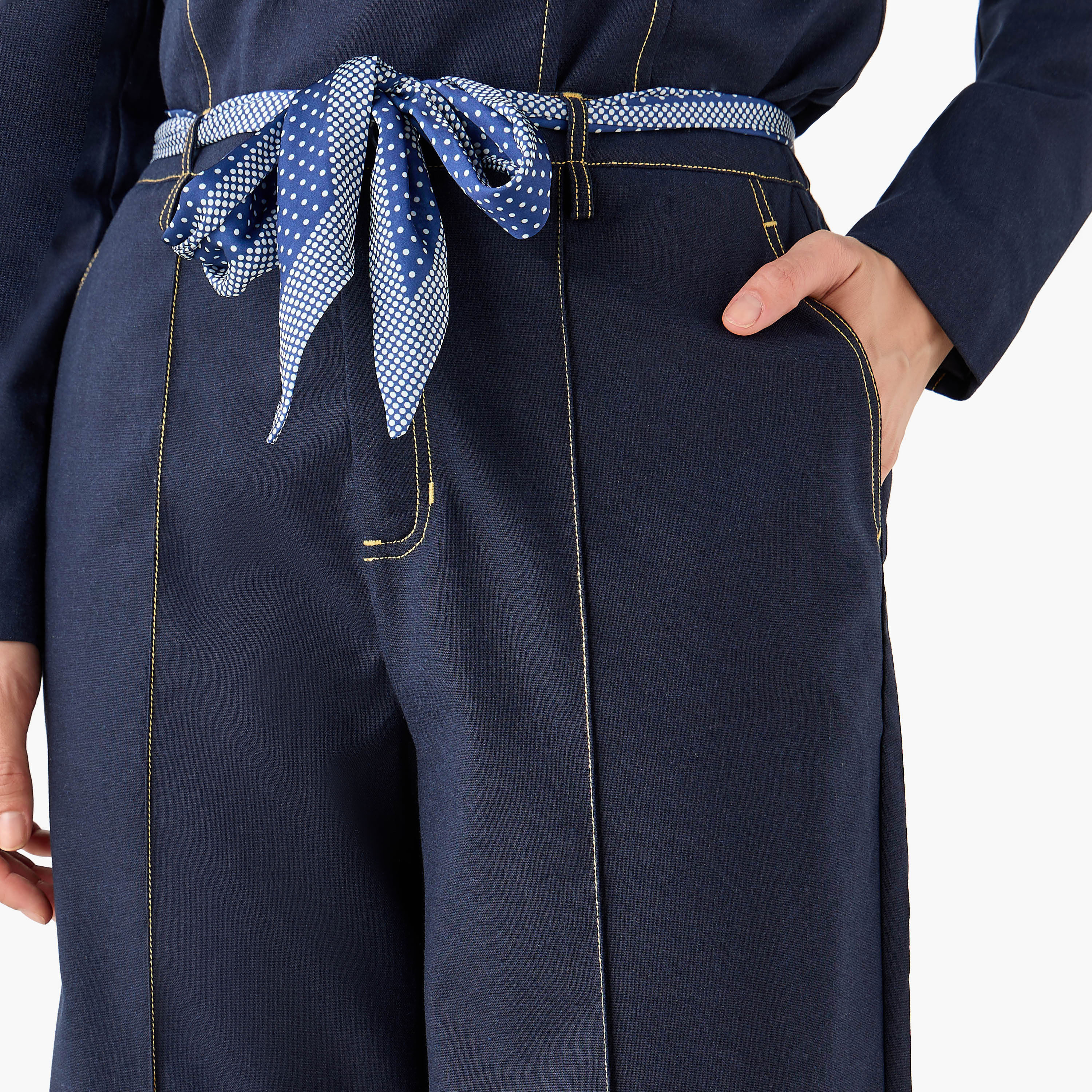 Mid Rise Panelled Linen Blend Belted Wide-Leg Trousers-women-clothing-coordsets-image-2
