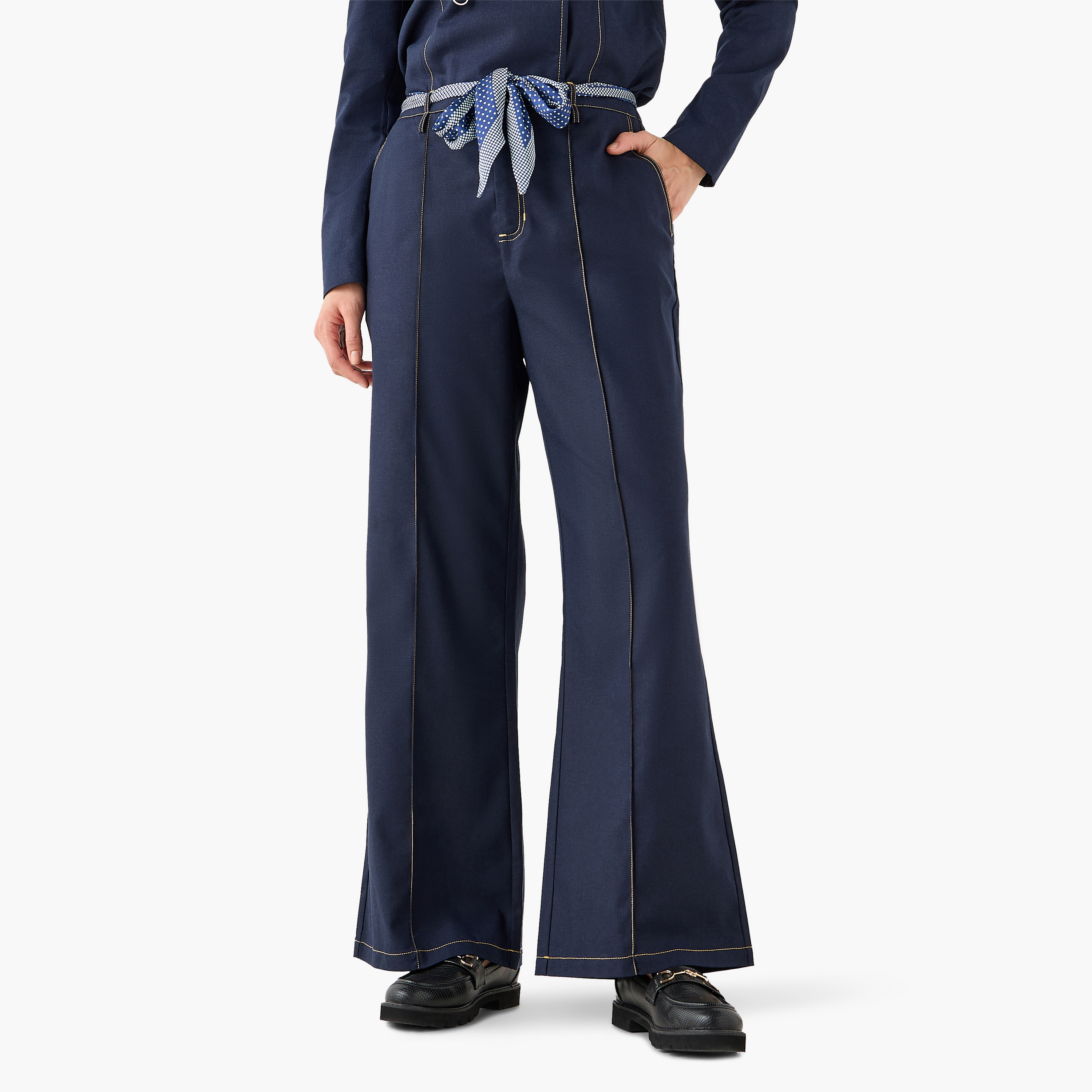 Mid Rise Panelled Linen Blend Belted Wide-Leg Trousers-women-clothing-coordsets-image-3