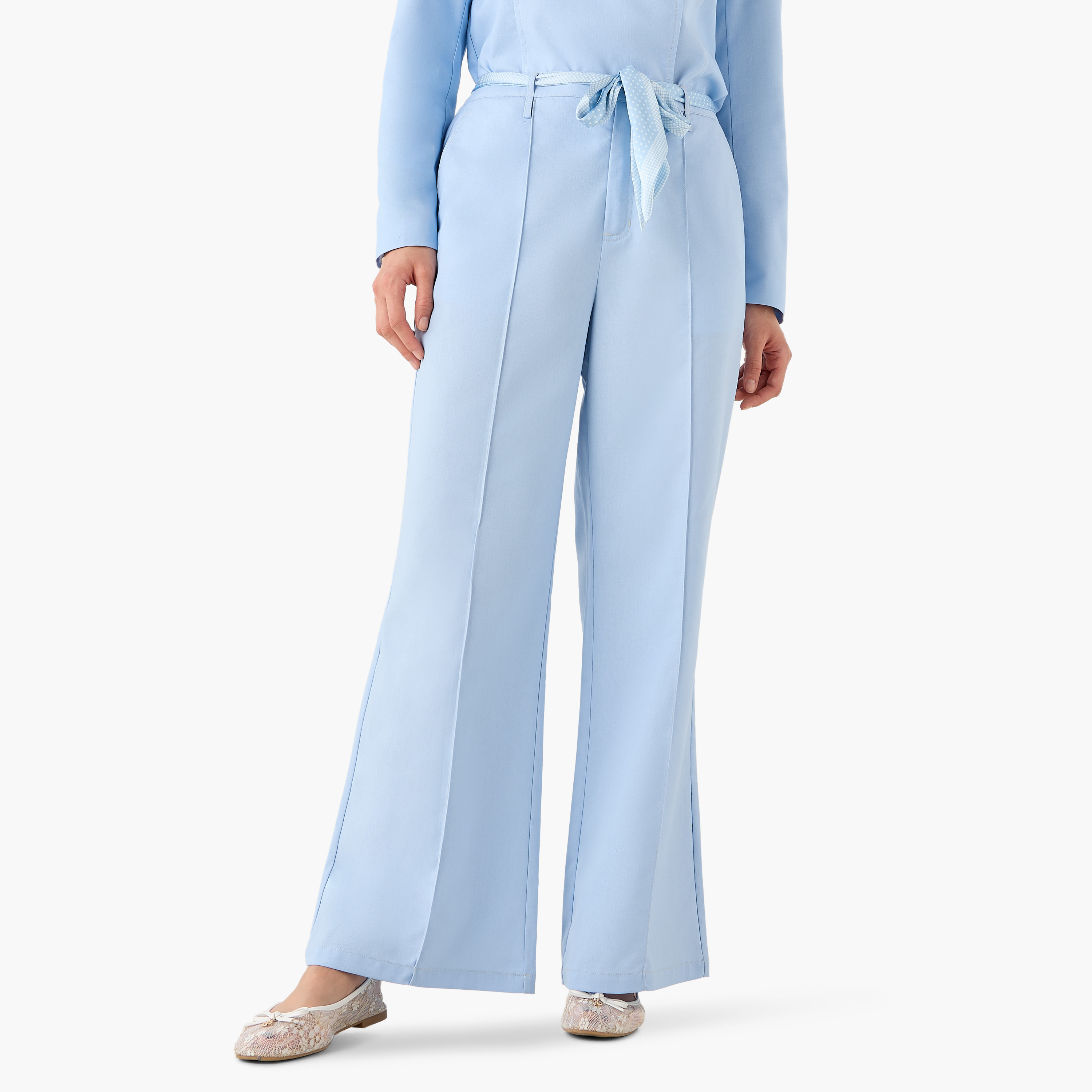 Mid Rise Panelled Linen Blend Belted Wide-Leg Trousers-women-clothing-coordsets-image-4