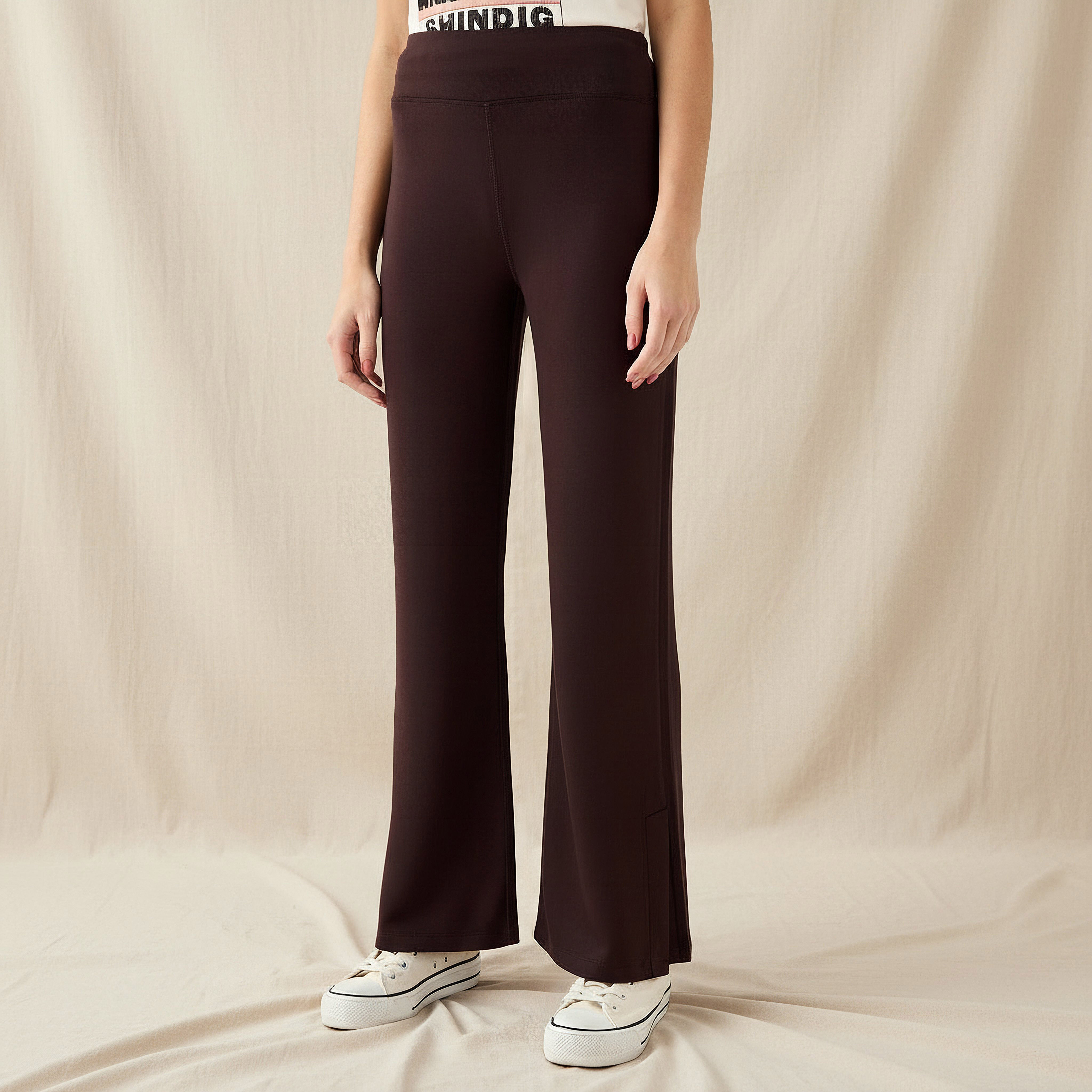 High-Waist Full-Length Flared Pants with Slit Detail-women-clothing-bottoms-leggings-image-1