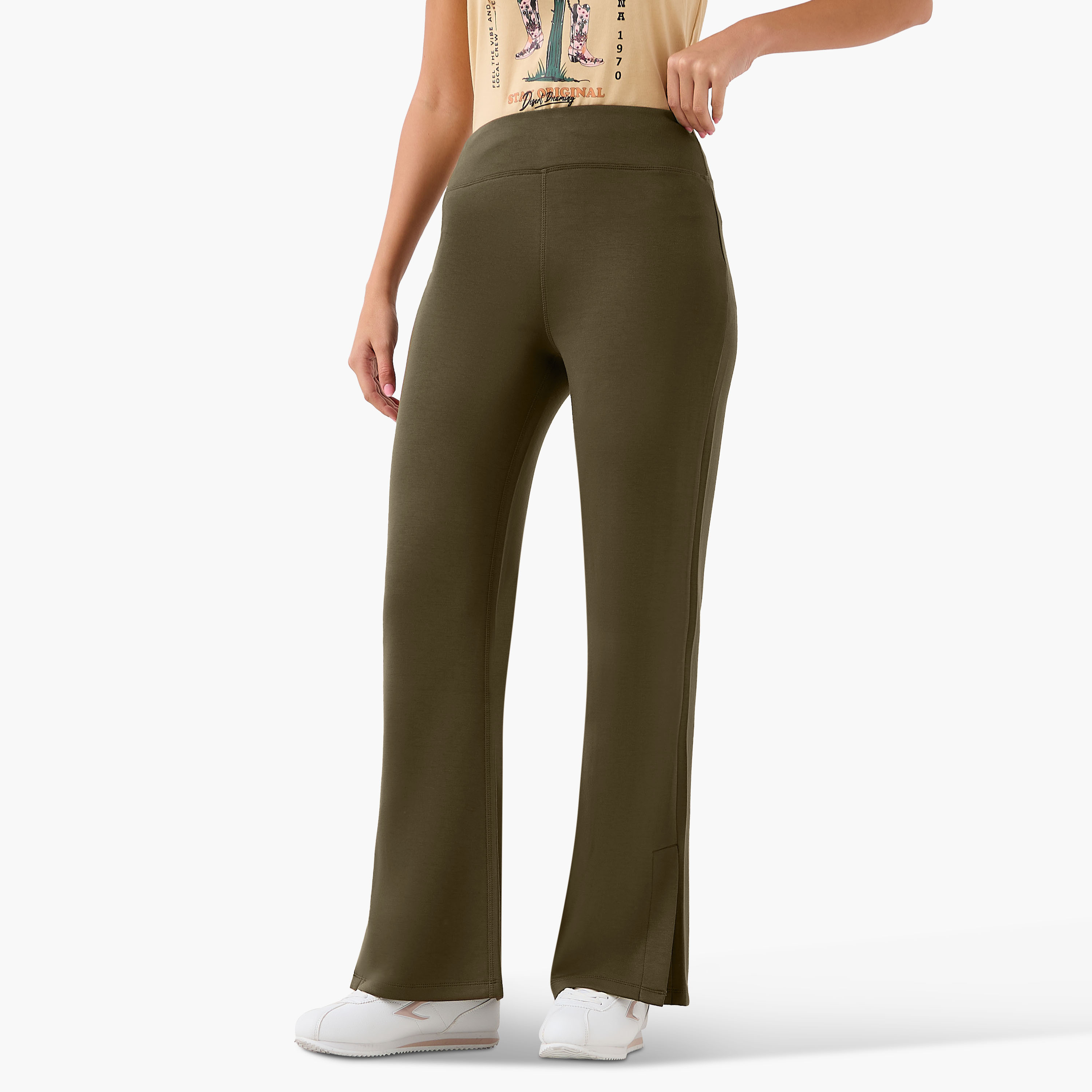 High-Waist Full-Length Flared Pants with Slit Detail-women-clothing-bottoms-leggings-image-2