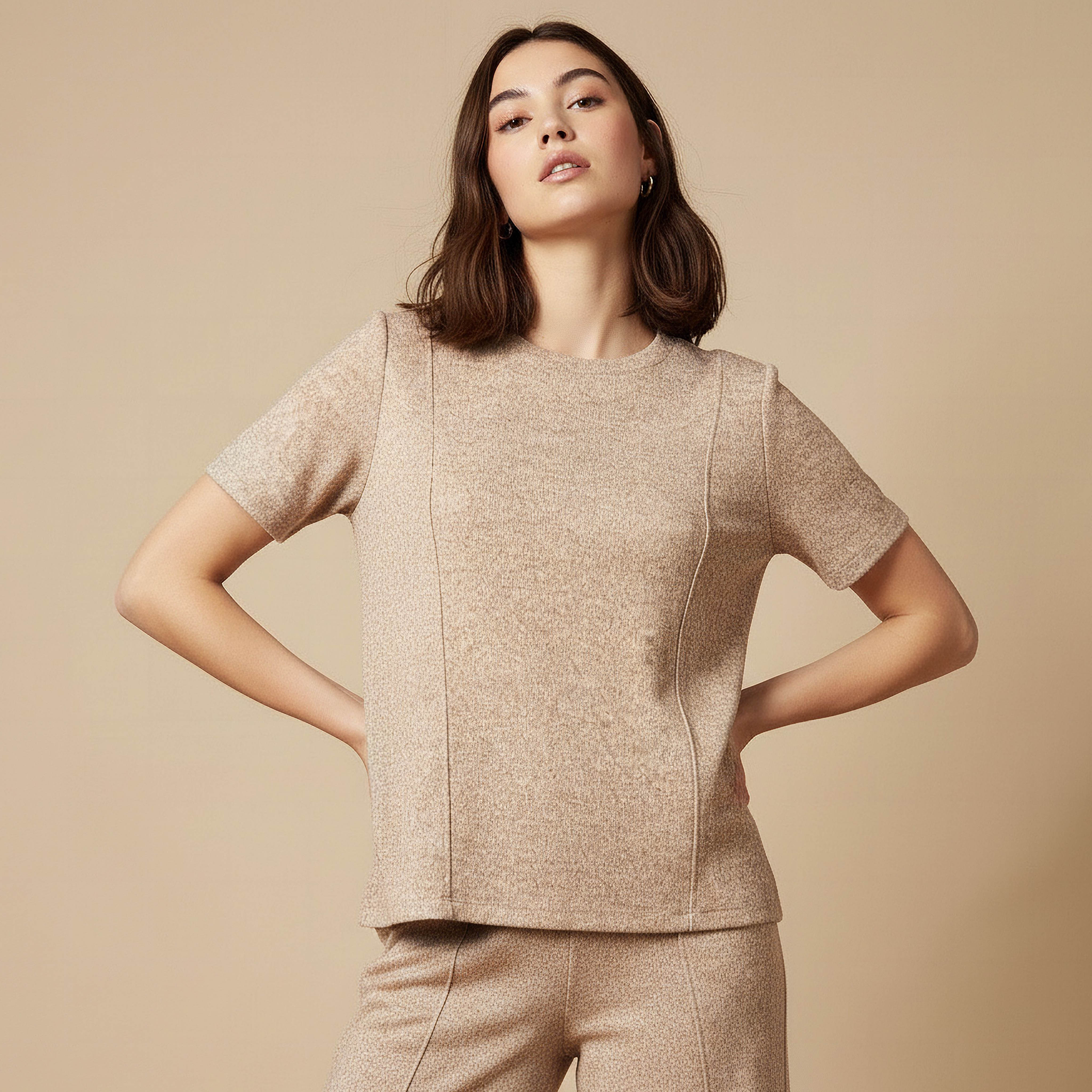 Regular Fit T-shirt with Ribbed Texture-women-clothing-coordsets-image-1