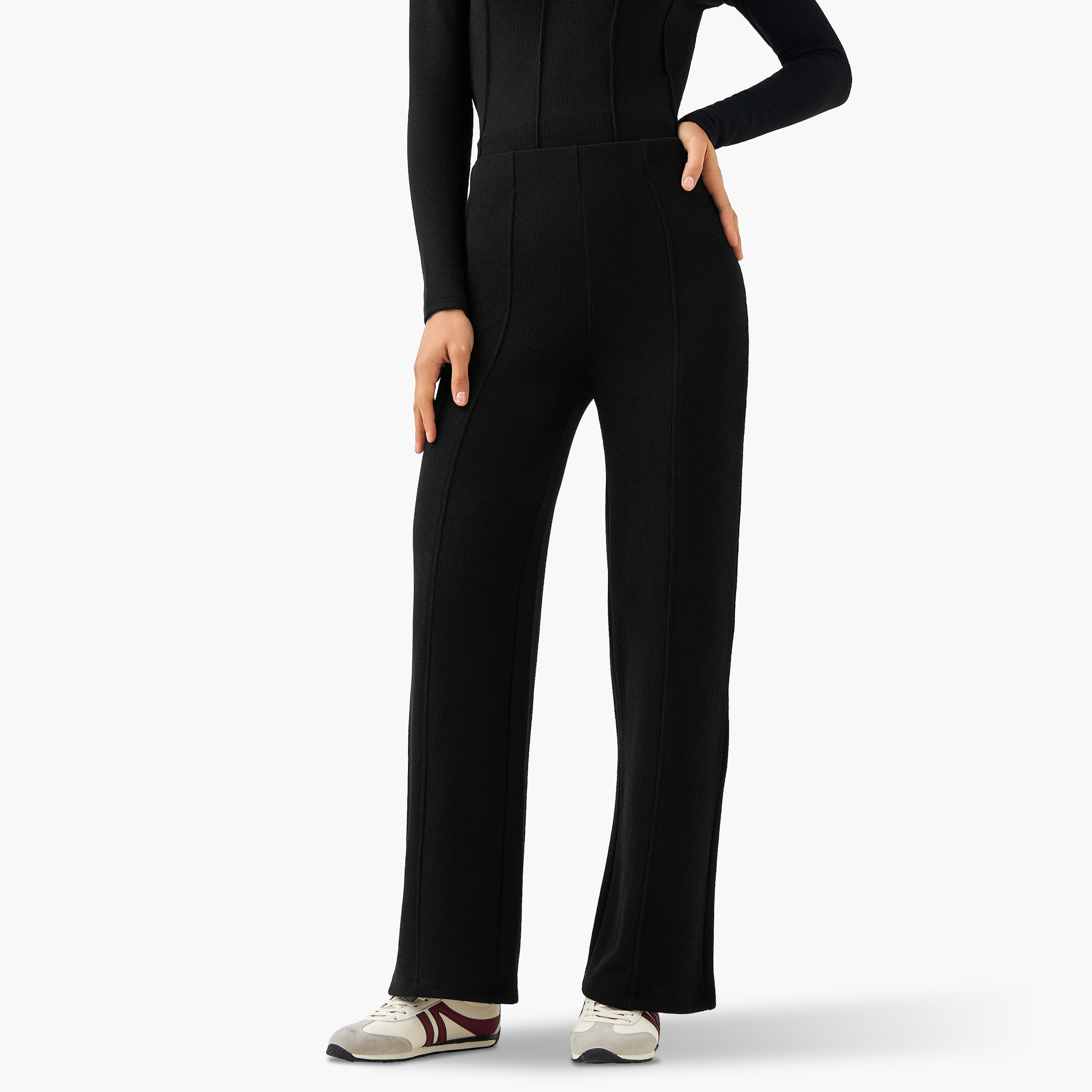 Regular Fit Mid-Rise Flared Lounge Pants with Ribbed Texture-women-clothing-coordsets-image-2