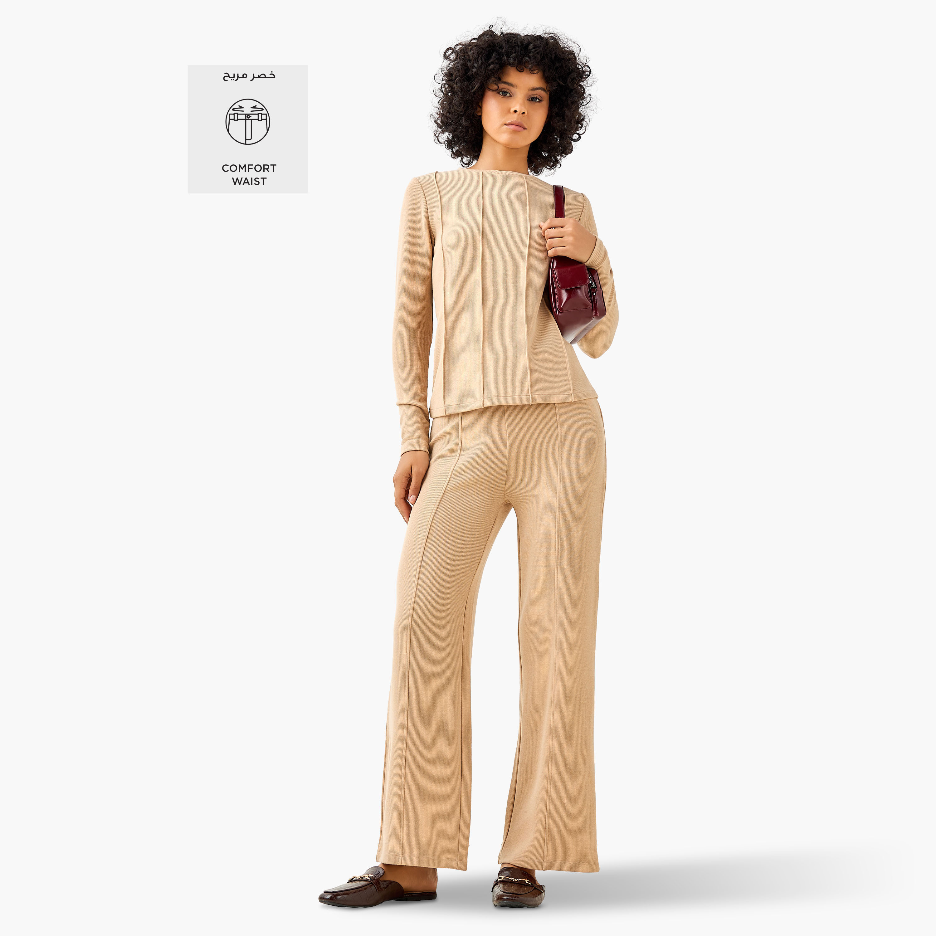 Regular Fit Mid-Rise Flared Lounge Pants with Ribbed Texture-women-clothing-coordsets-image-2