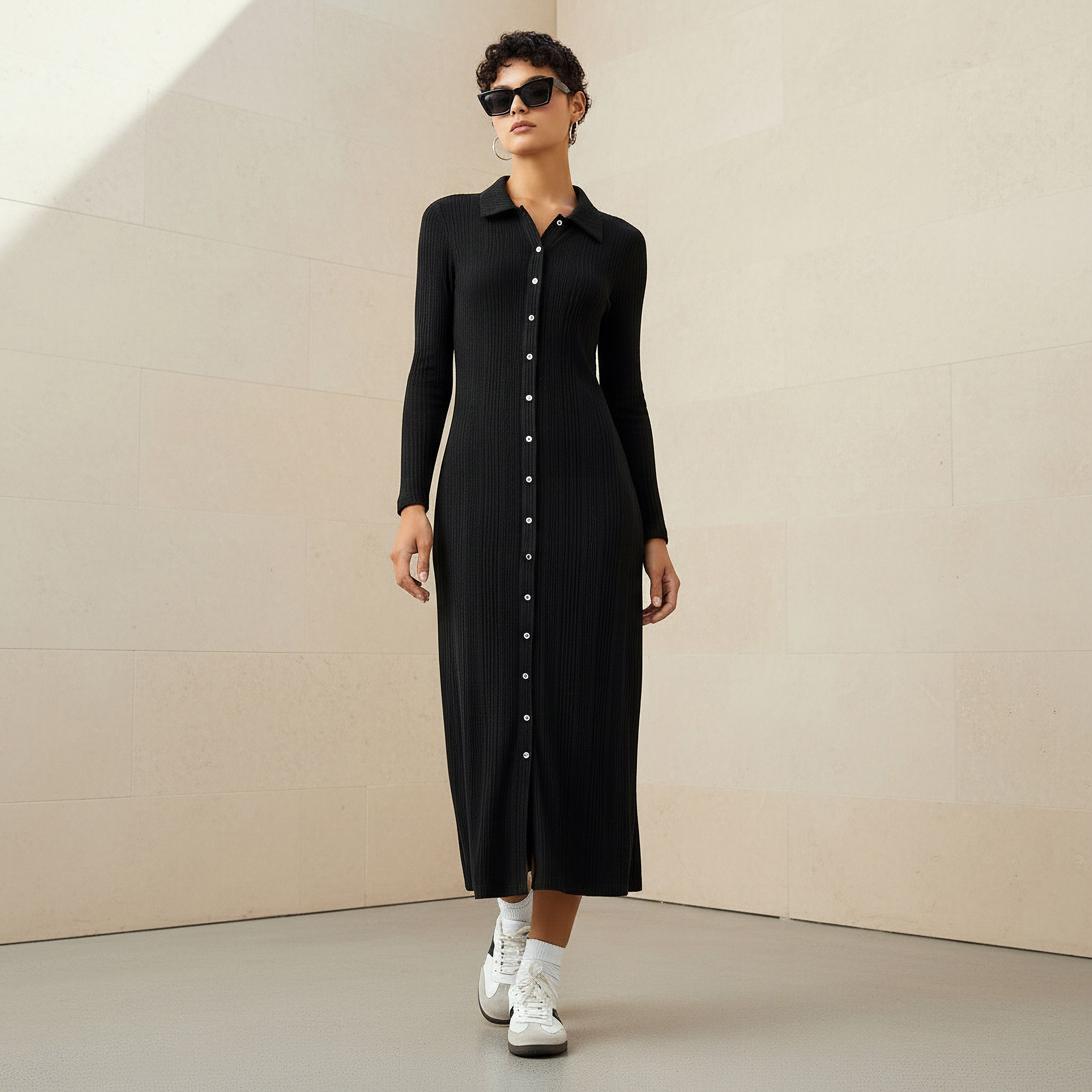 Ribbed Collared Button-Down Midi Dress-women-clothing-dresses-image-1