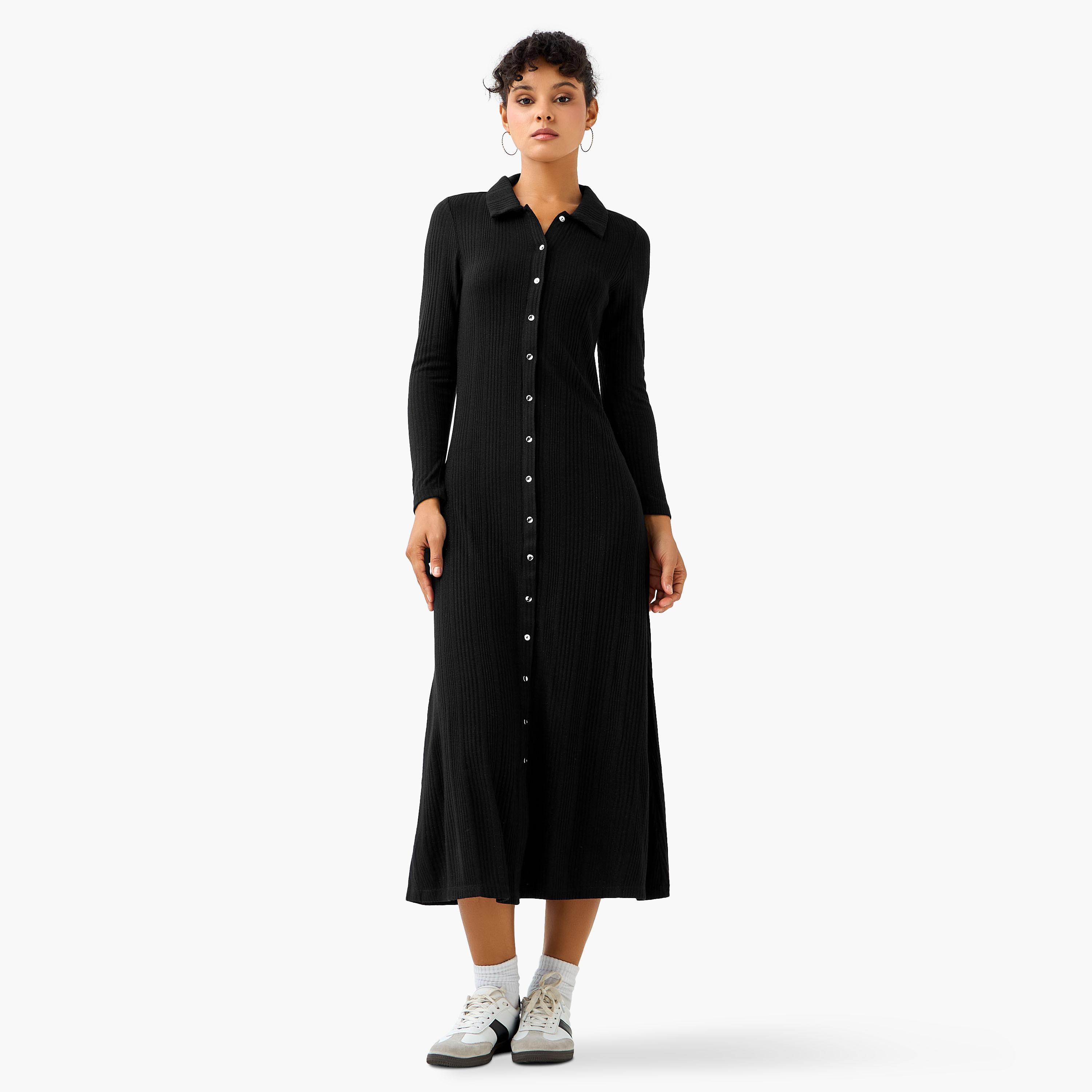 Ribbed Collared Button-Down Midi Dress-women-clothing-dresses-image-2