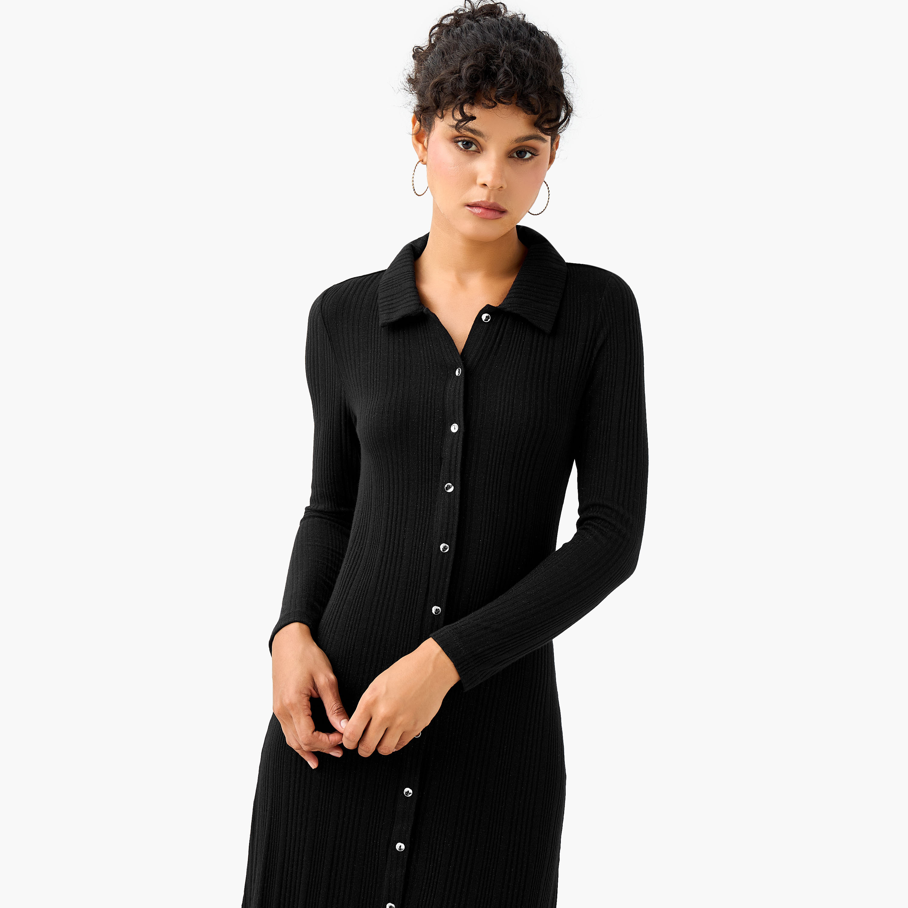 Ribbed Collared Button-Down Midi Dress-women-clothing-dresses-image-5