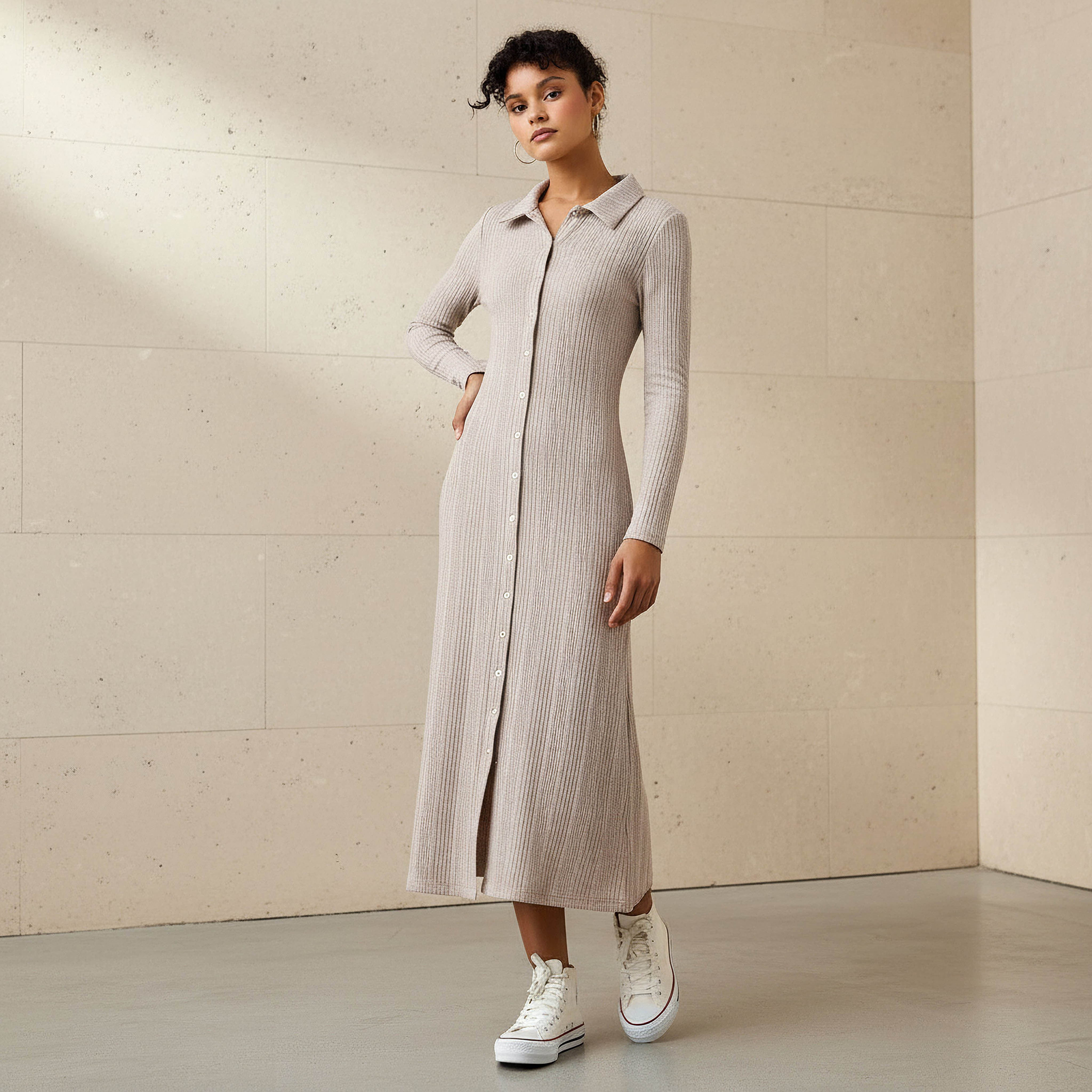 Ribbed Collared Button-Down Midi Dress-women-clothing-dresses-image-1